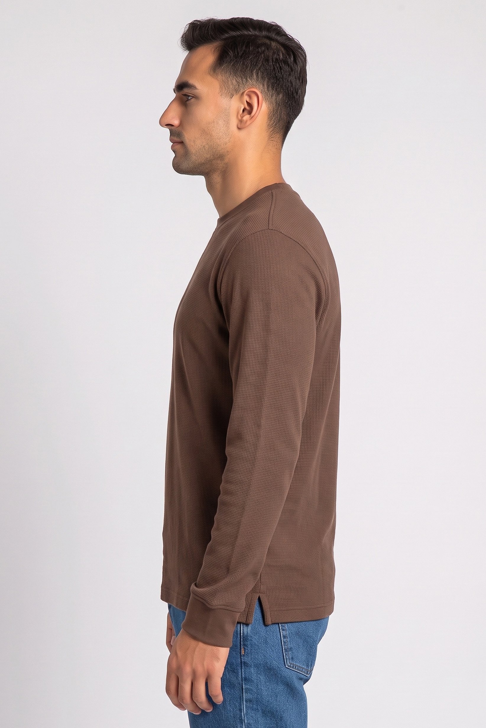 Men Crew Neck Long Sleeve Textured T-Shirt, Brown