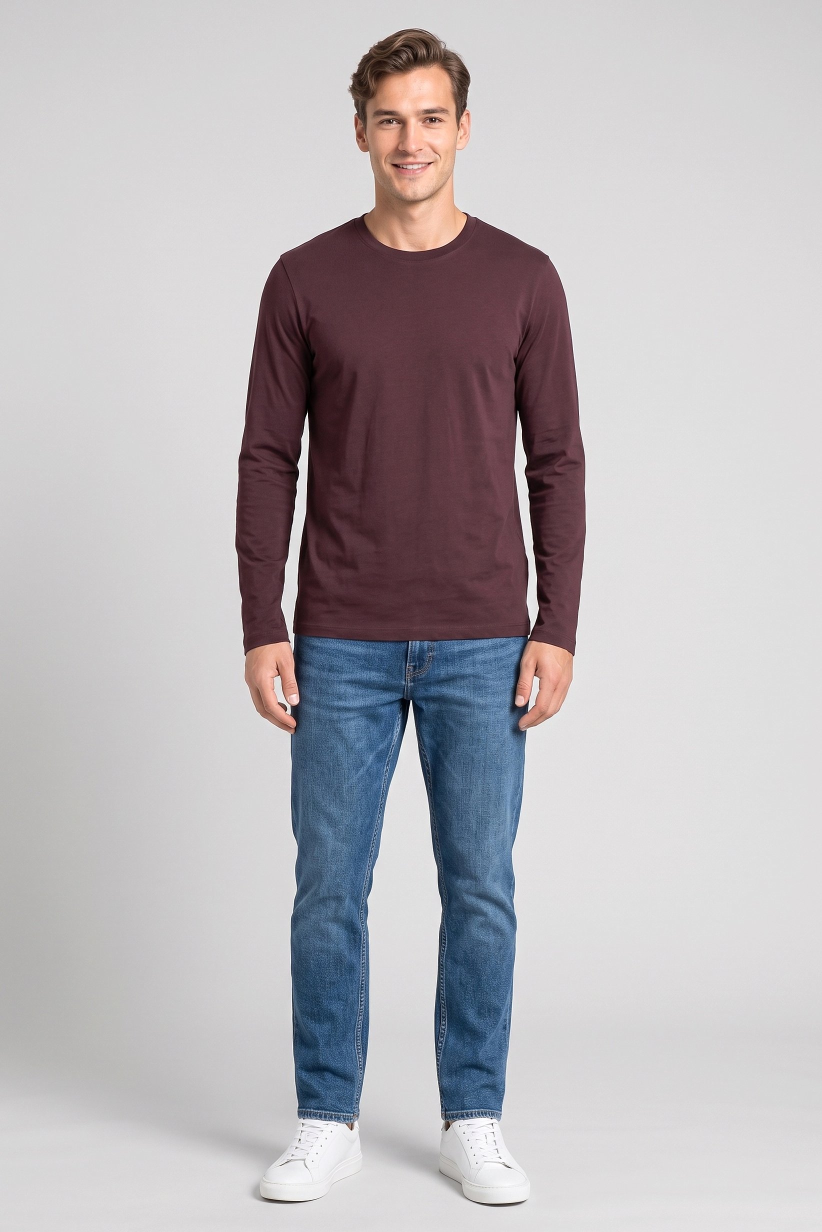 Men Crew Neck Long Sleeve Plain T-Shirt, Dark Brown
