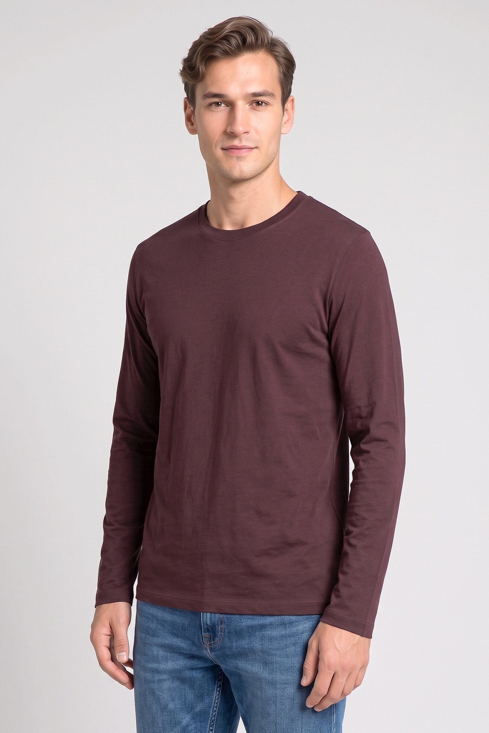 Men Crew Neck Long Sleeve Plain T-Shirt, Dark Brown