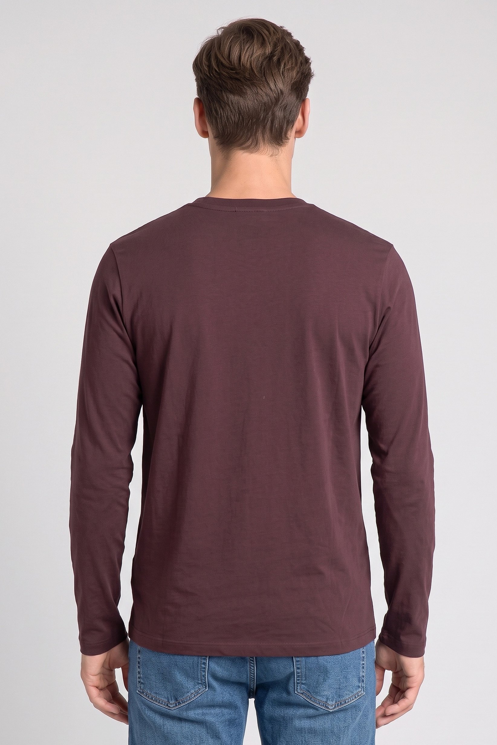Men Crew Neck Long Sleeve Plain T-Shirt, Dark Brown