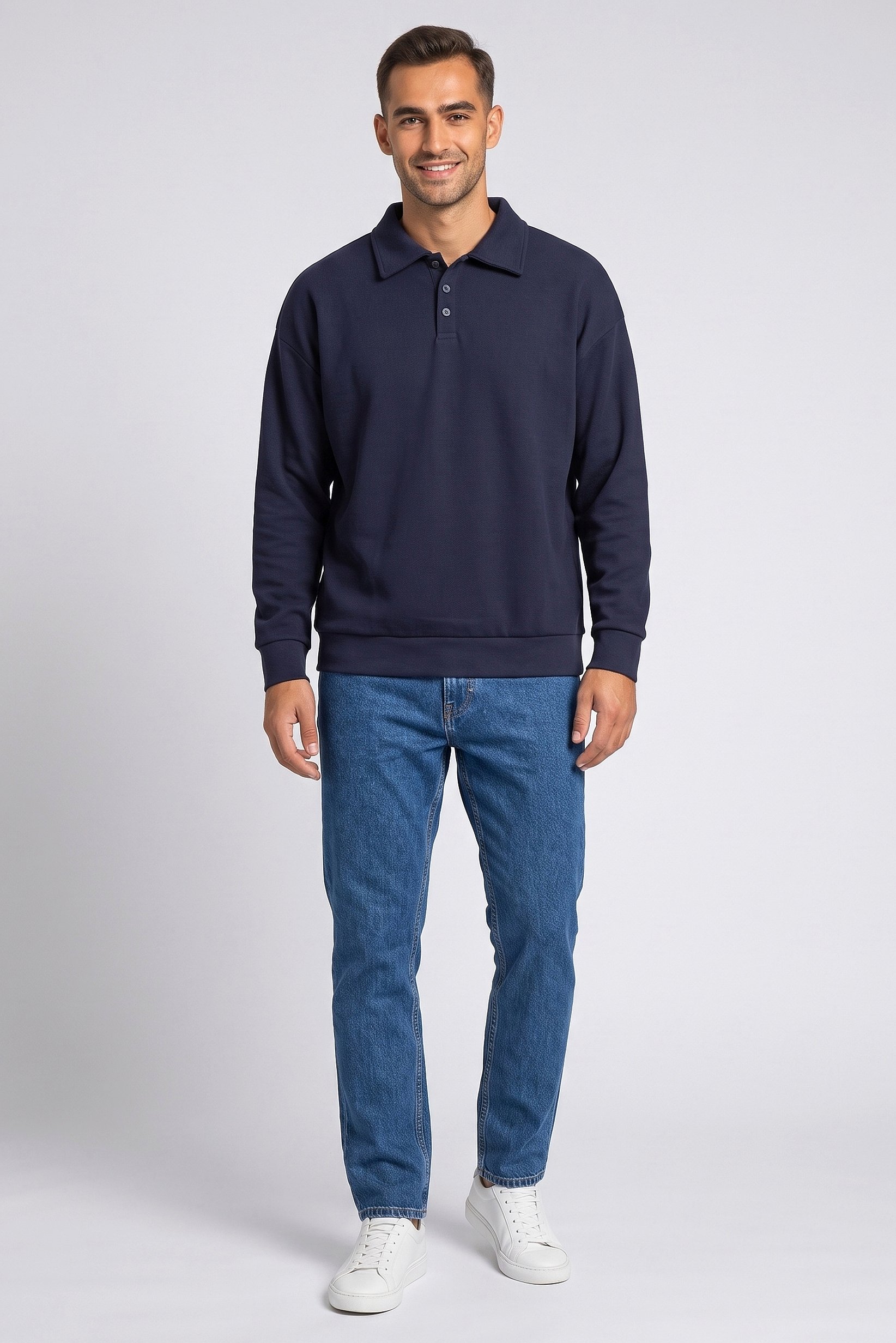 Men Spread Collar Textured Long Sleeve Sweatshirt, Navy