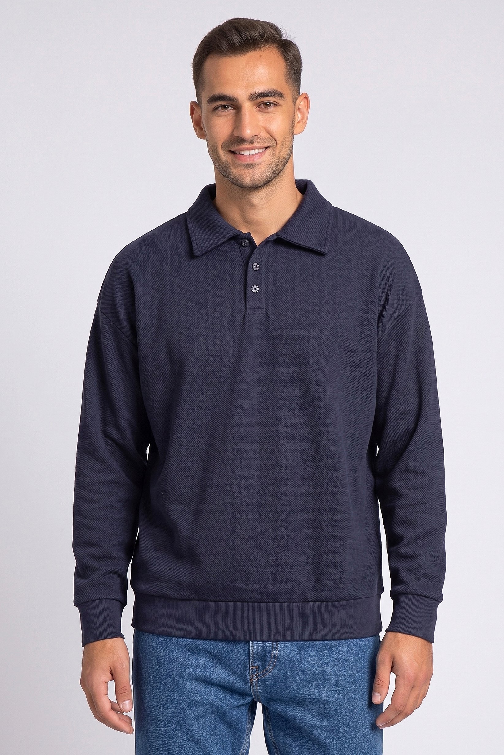 Men Spread Collar Textured Long Sleeve Sweatshirt, Navy
