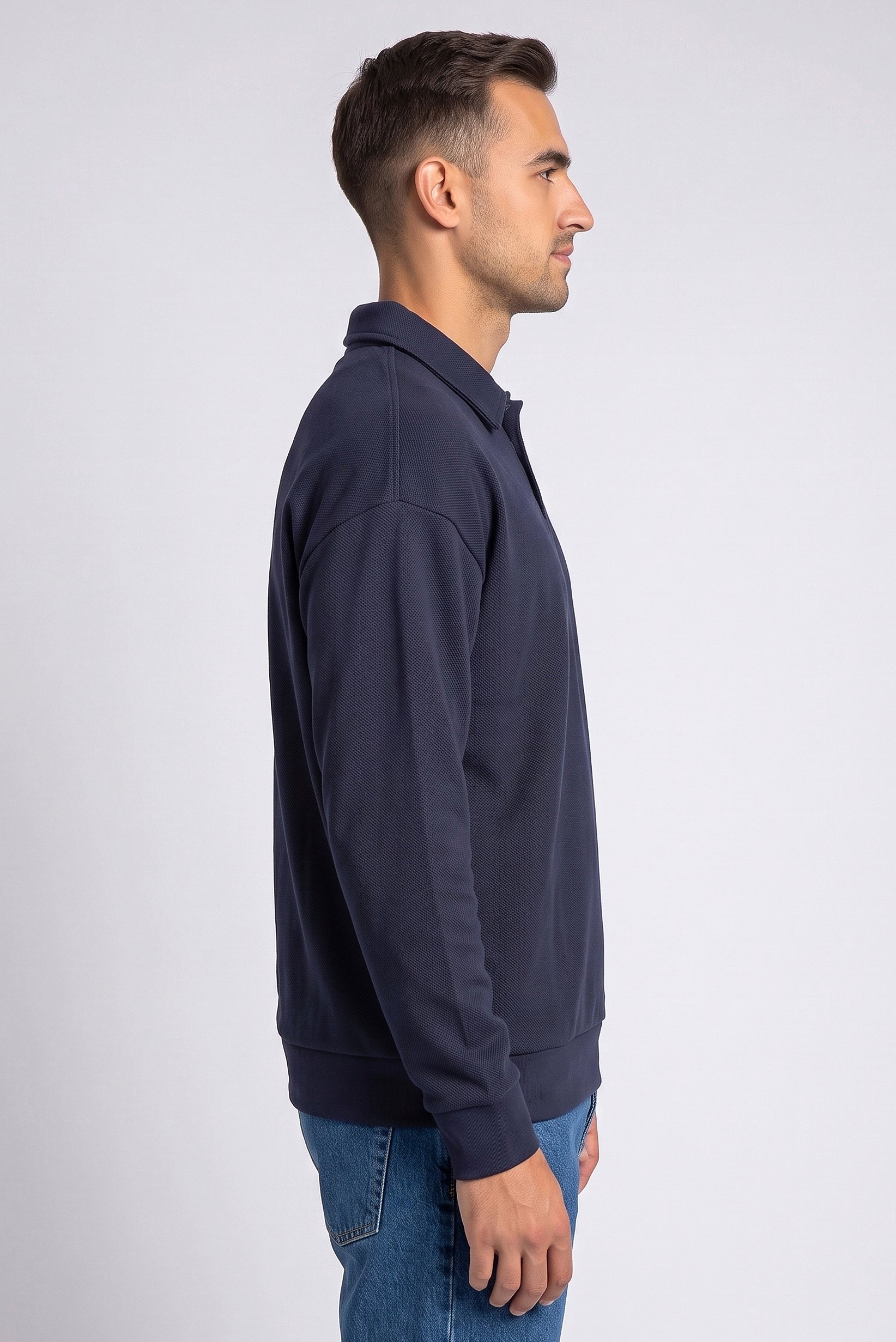 Men Spread Collar Textured Long Sleeve Sweatshirt, Navy