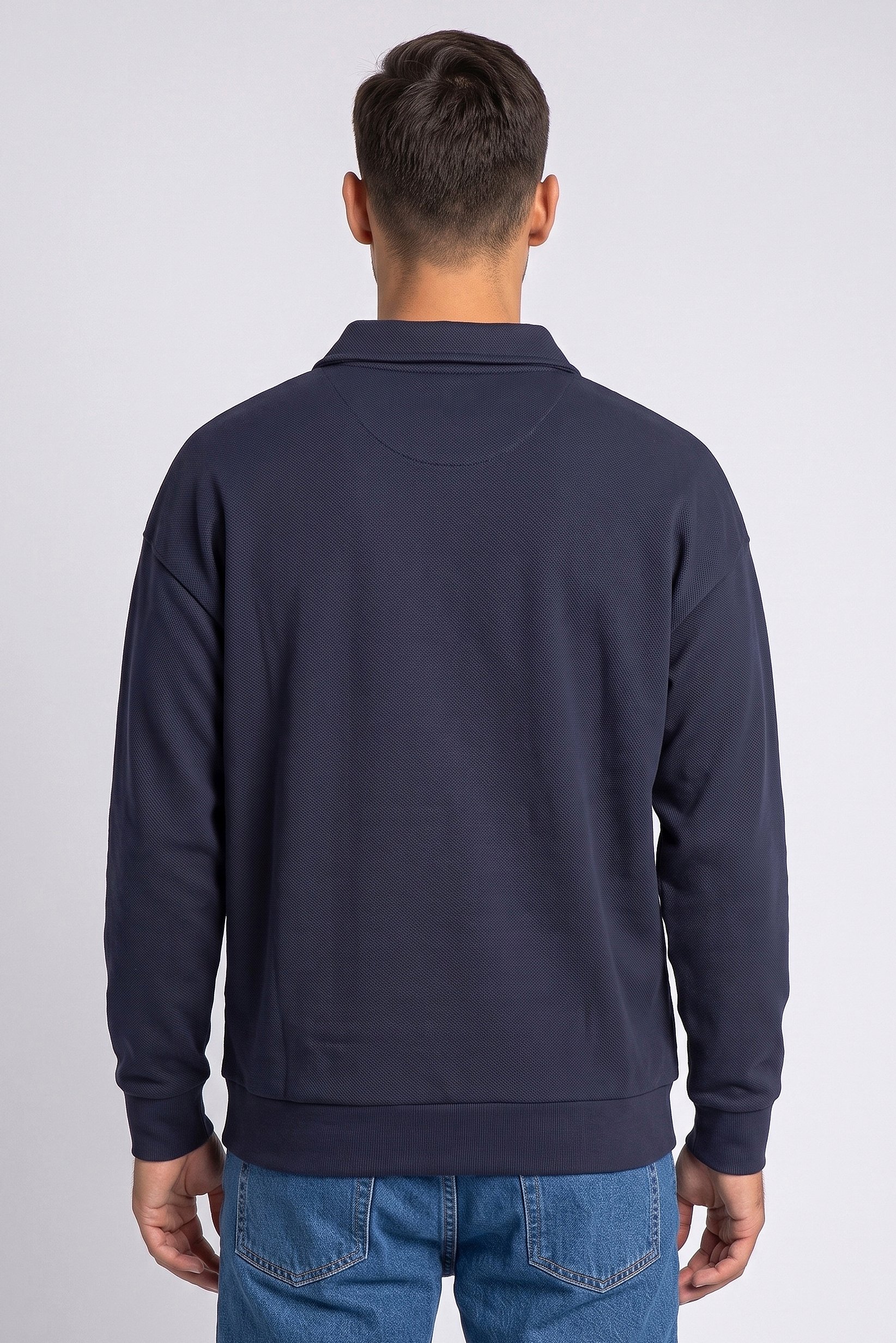 Men Spread Collar Textured Long Sleeve Sweatshirt, Navy