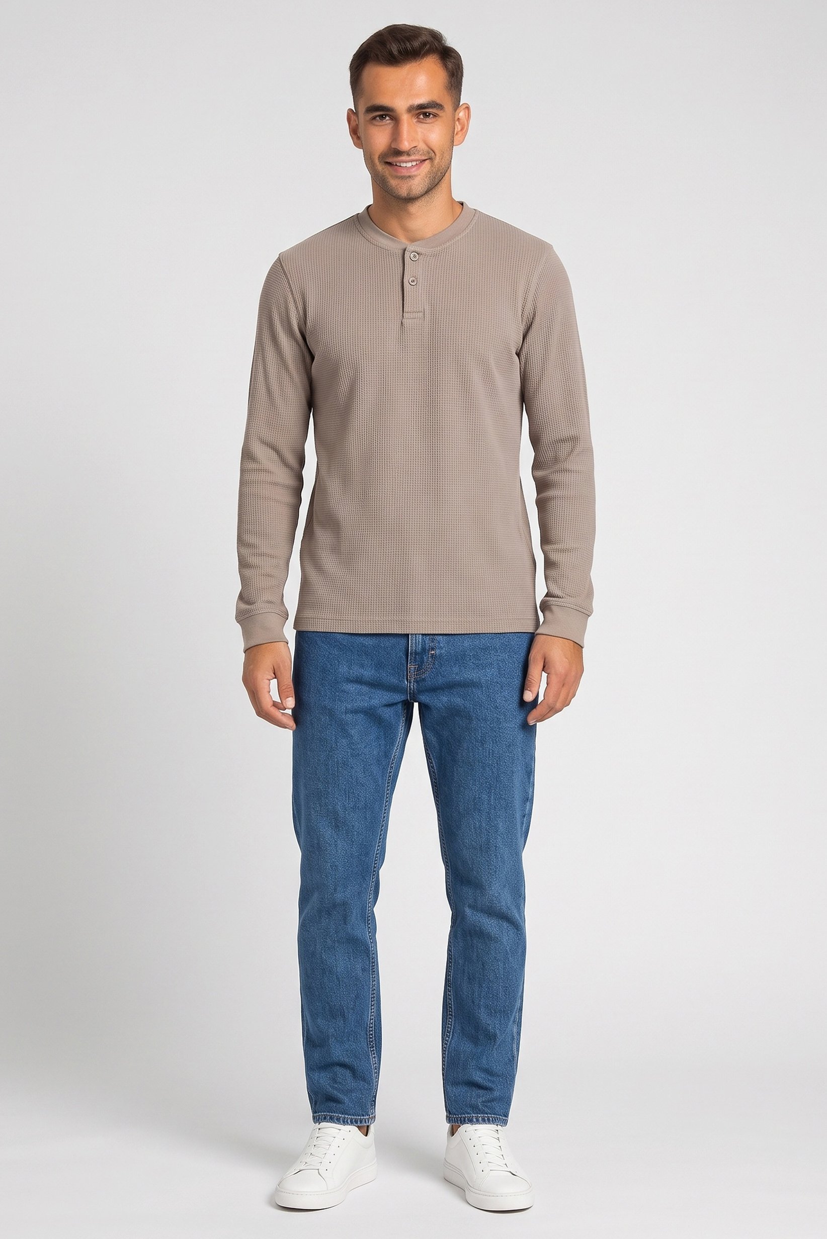 Men Henley Neck Long Sleeves Textured T-Shirt, Beige