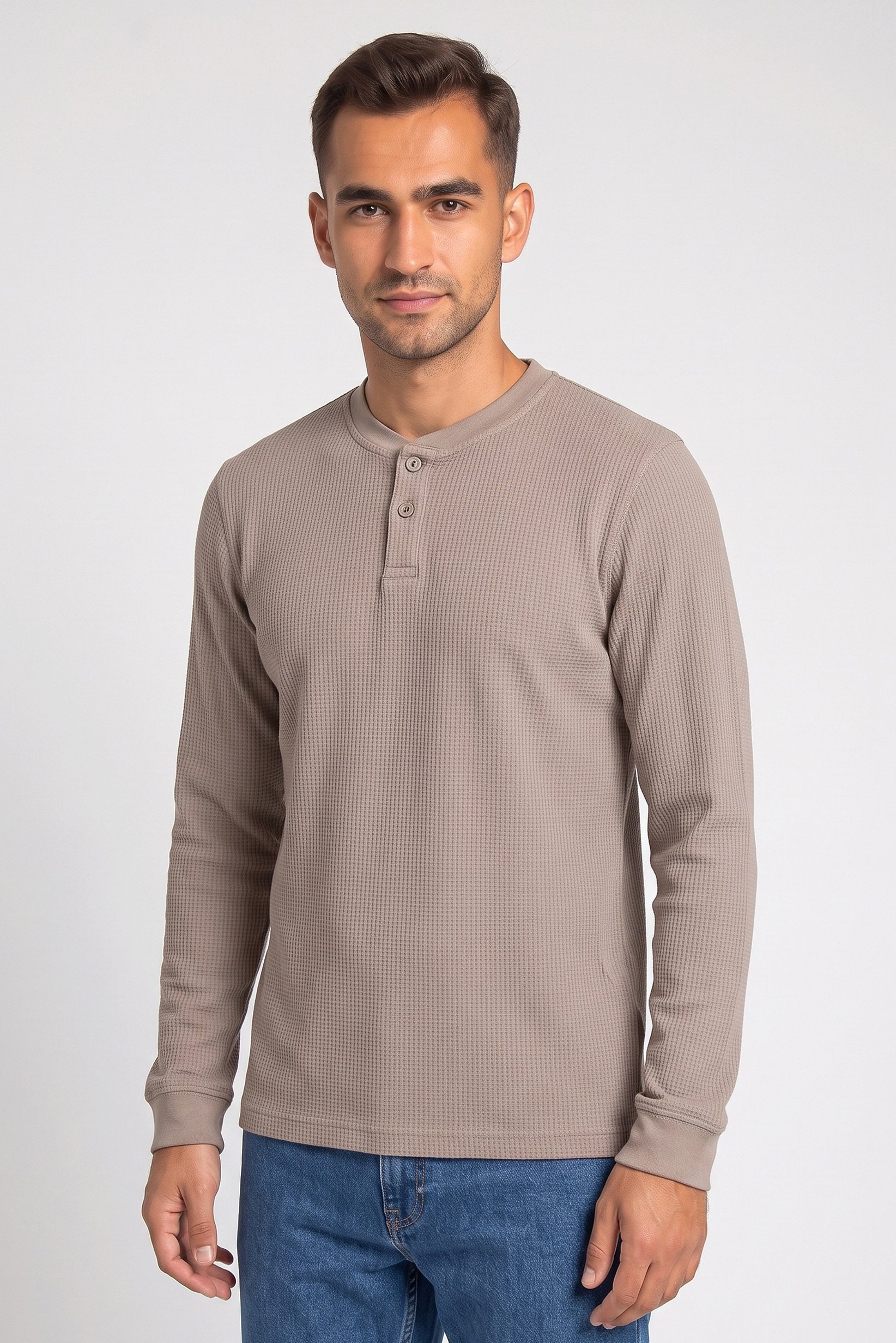 Men Henley Neck Long Sleeves Textured T-Shirt, Beige