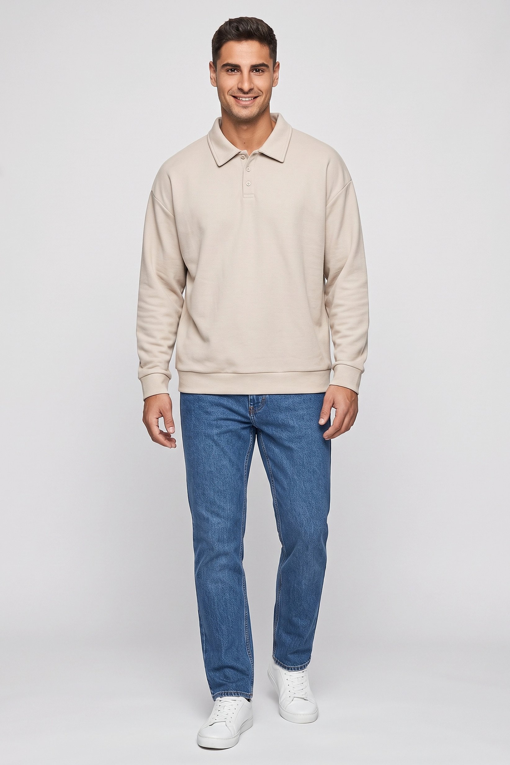 Men Spread Collar Textured Long Sleeve Sweatshirt, Beige
