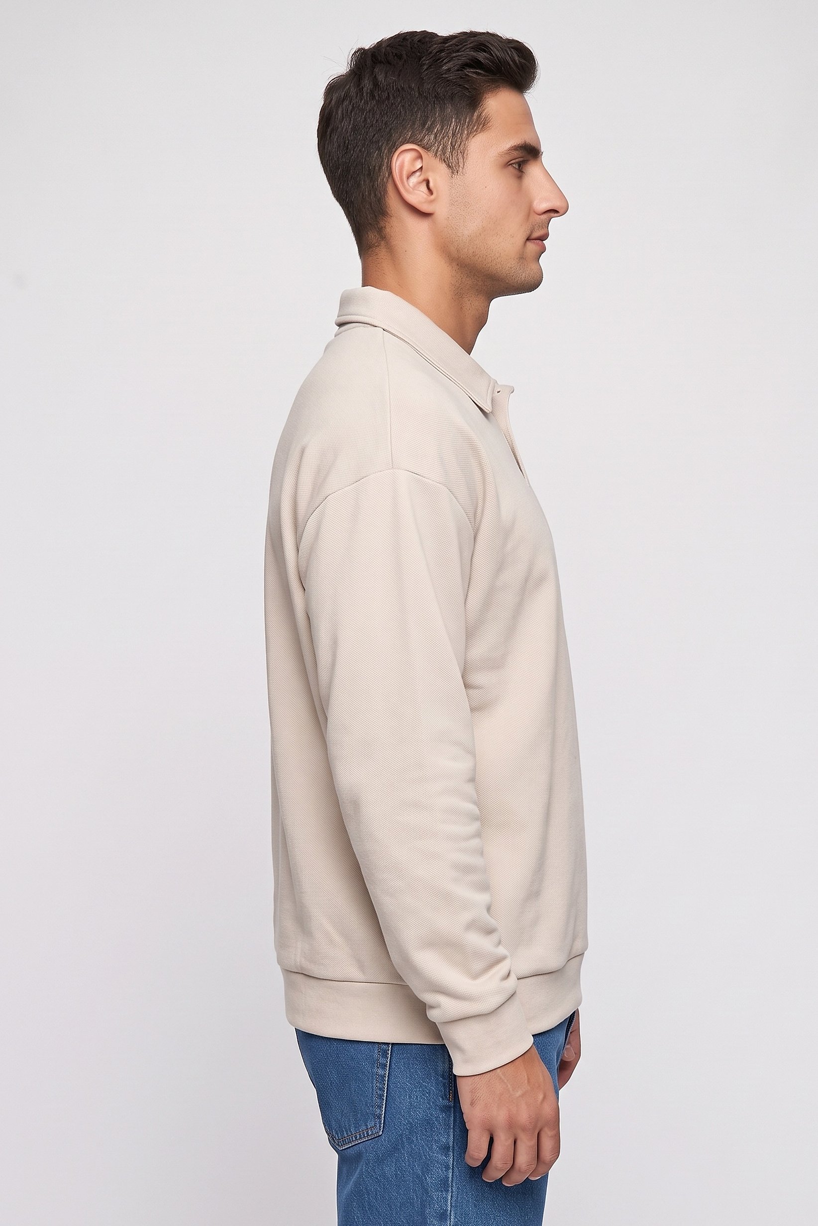 Men Spread Collar Textured Long Sleeve Sweatshirt, Beige