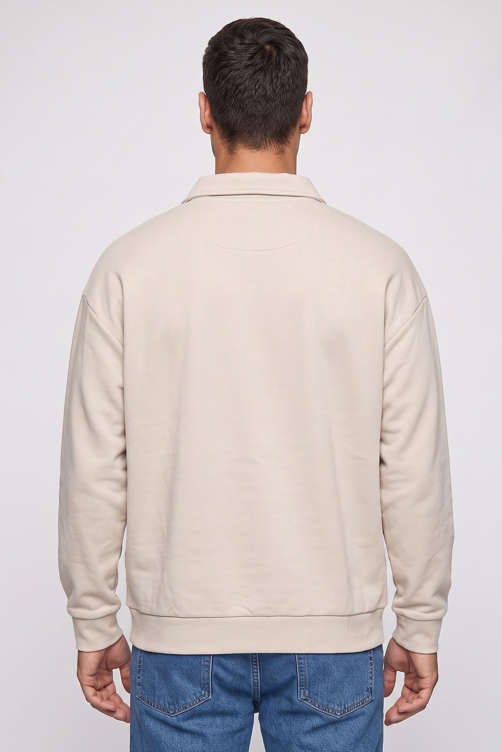 Men Spread Collar Textured Long Sleeve Sweatshirt, Beige