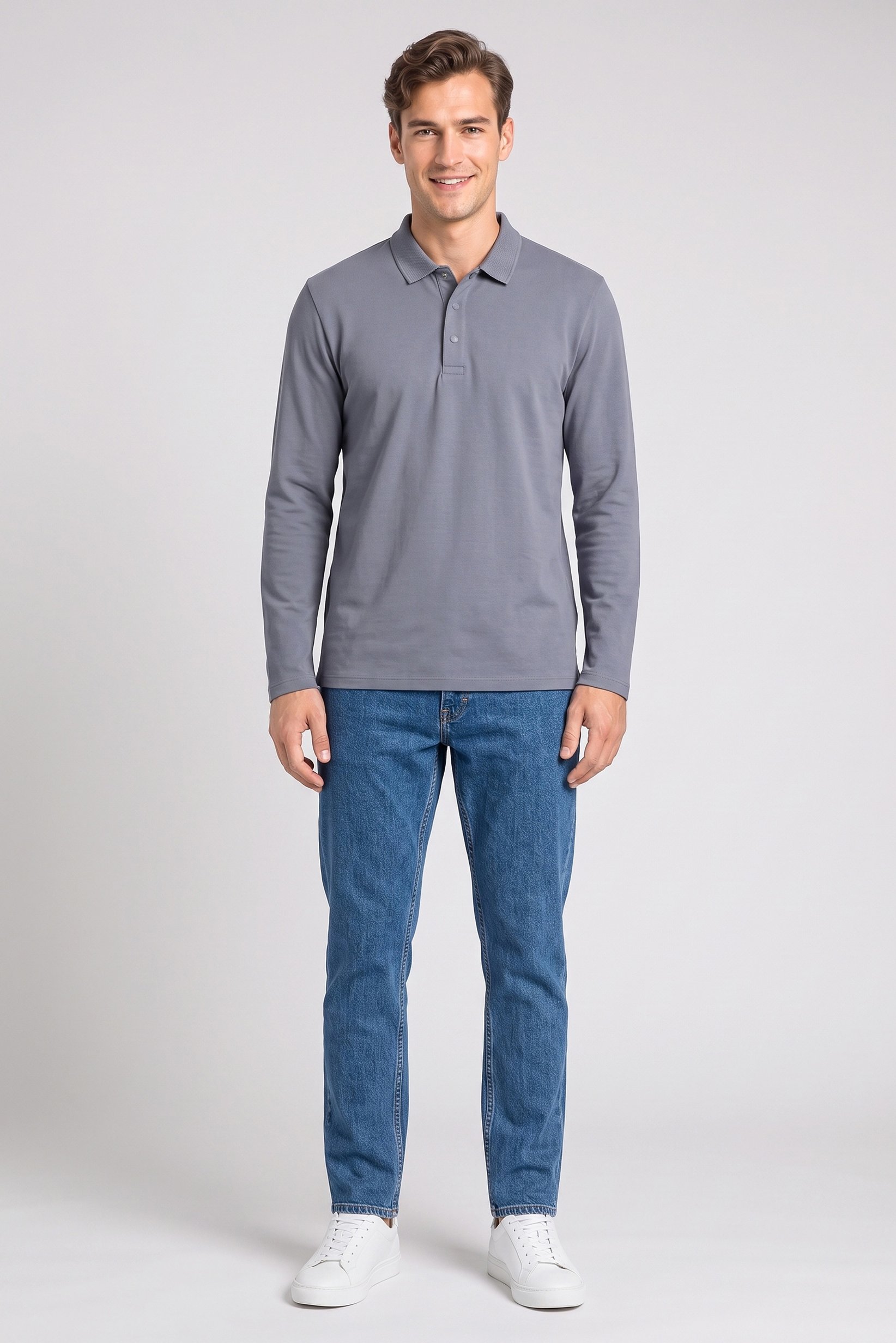 Men Regular Fit Plain Long Sleeve Polo Shirt, Slate Blue