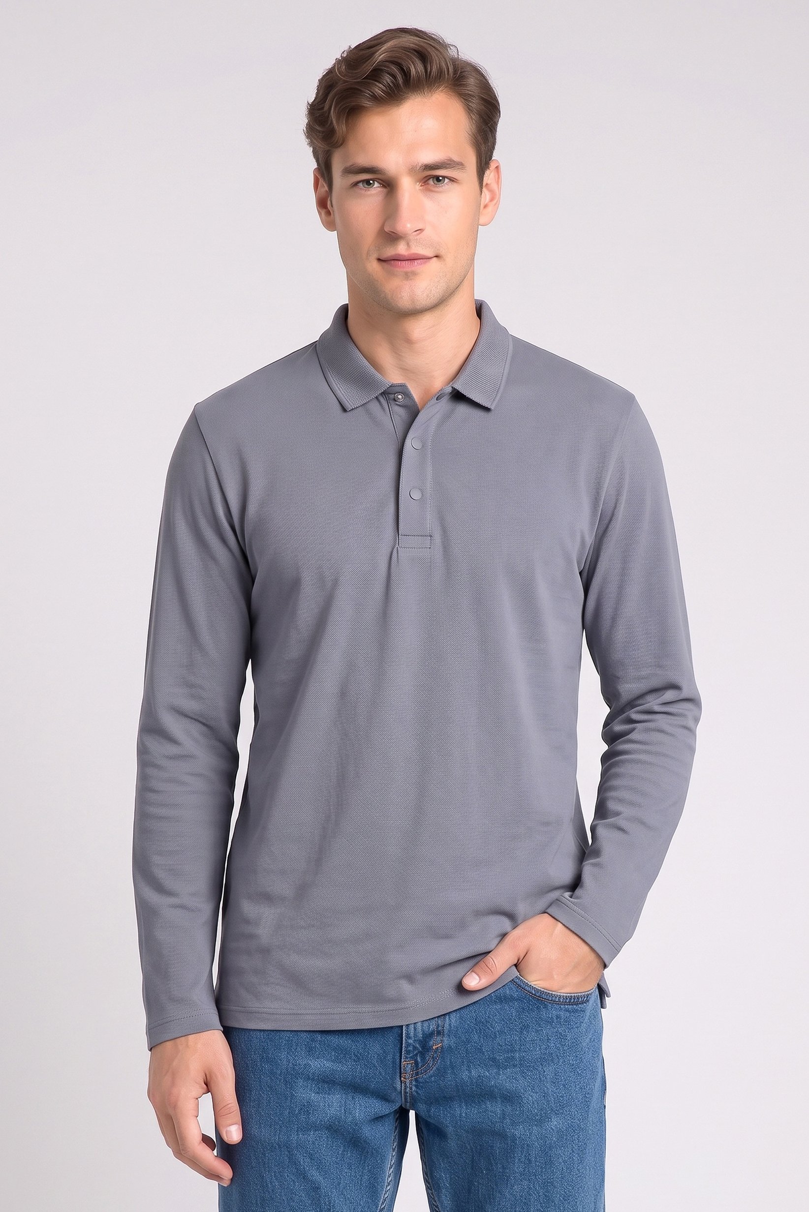 Men Regular Fit Plain Long Sleeve Polo Shirt, Slate Blue