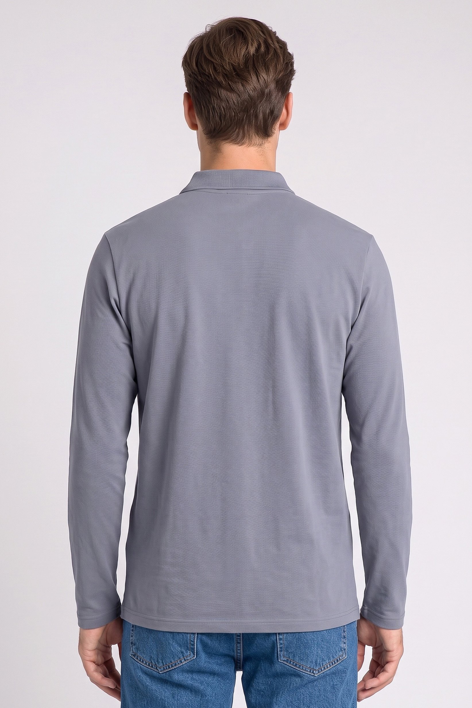 Men Regular Fit Plain Long Sleeve Polo Shirt, Slate Blue