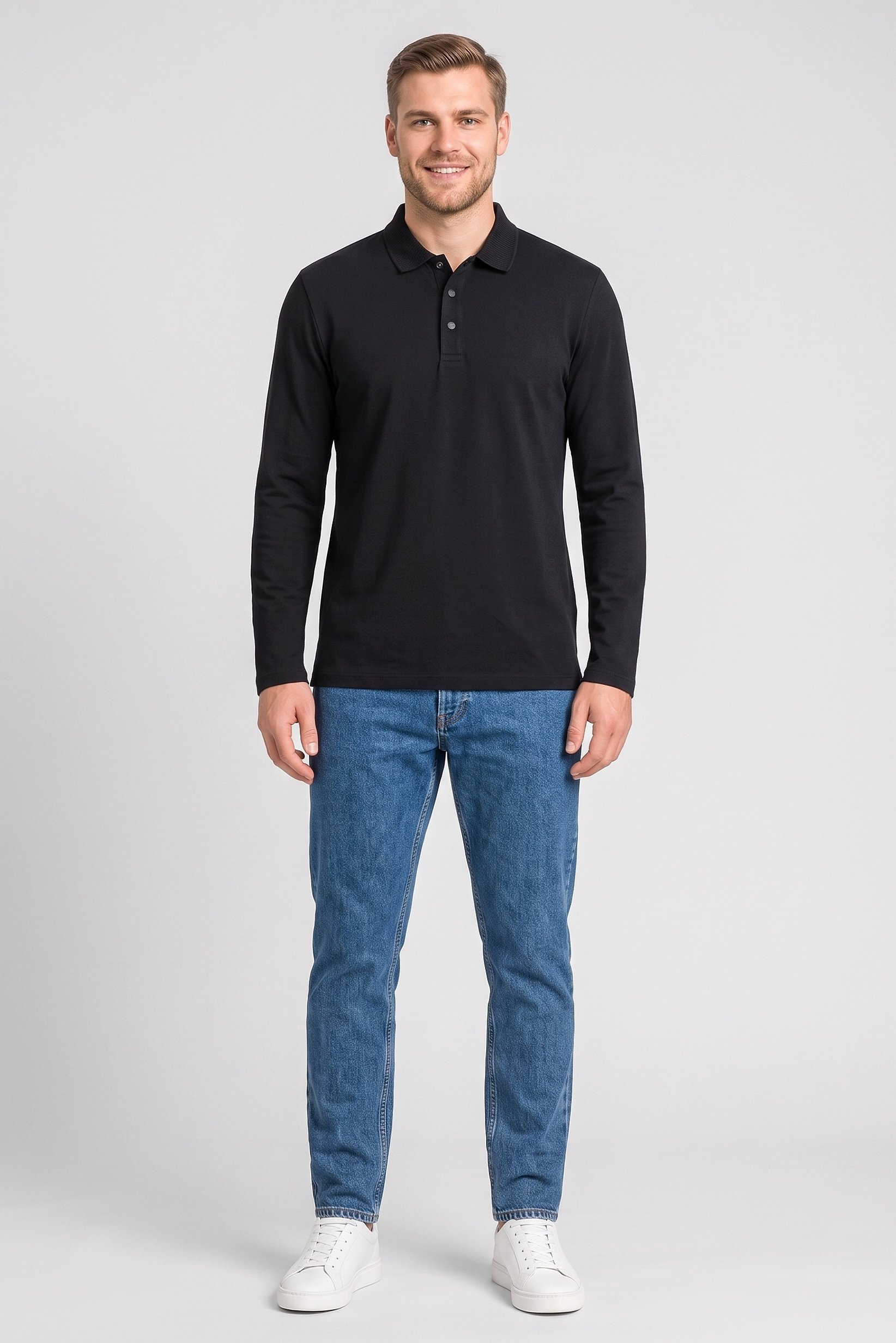 Men Regular Fit Plain Long Sleeve Polo Shirt, Black