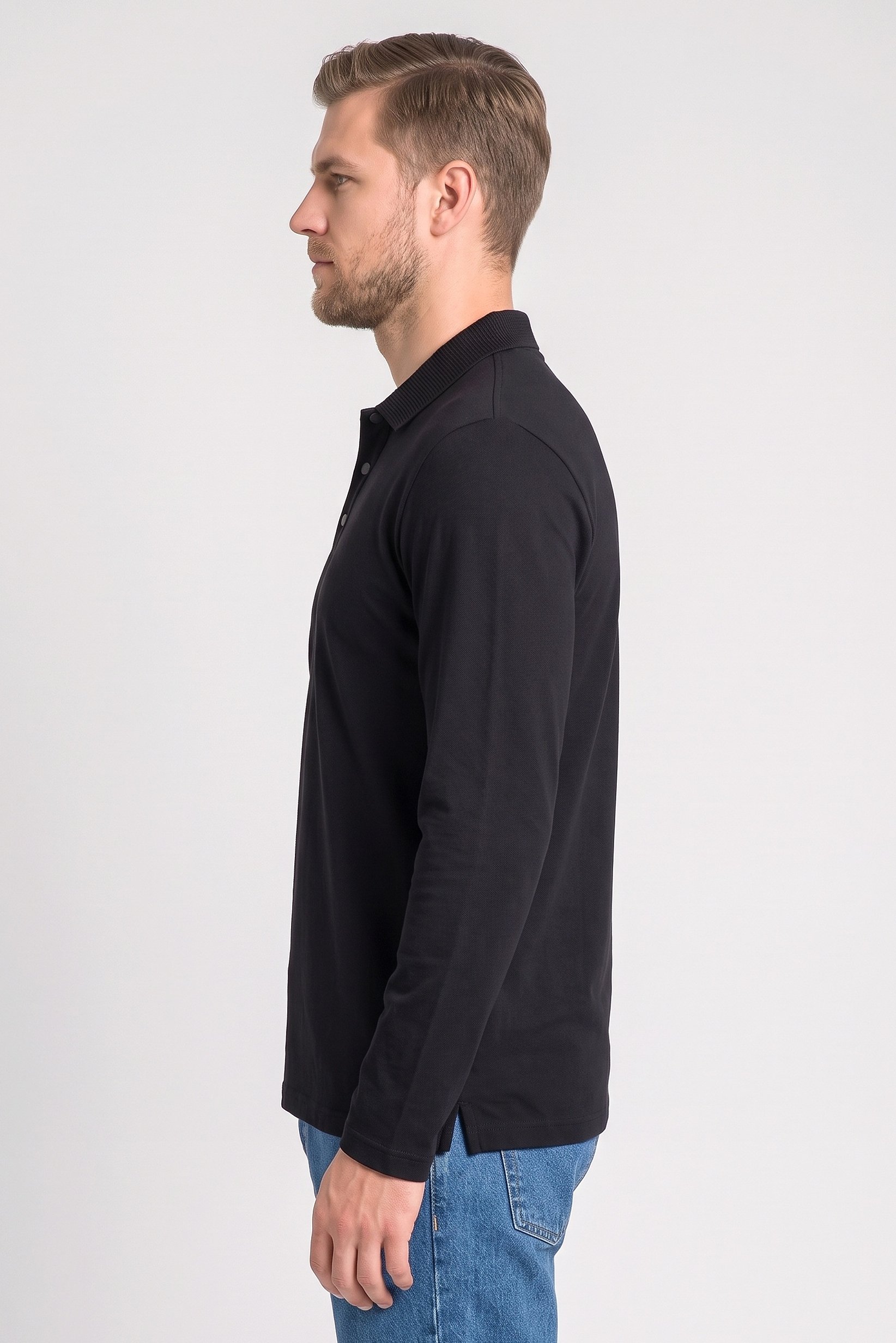 Men Regular Fit Plain Long Sleeve Polo Shirt, Black