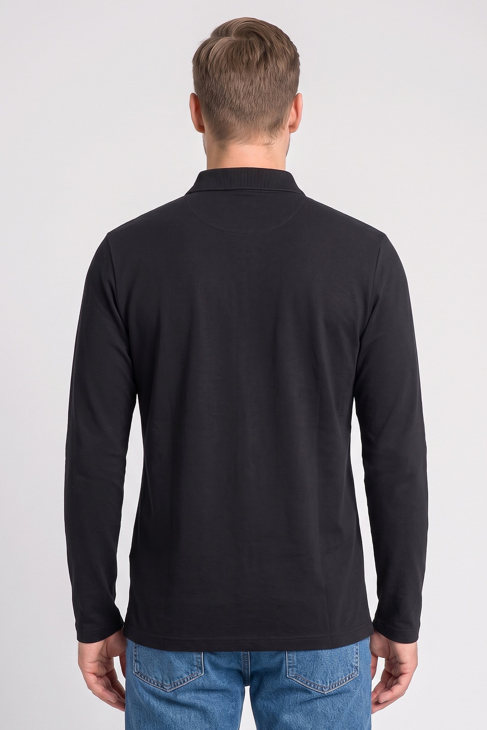 Men Regular Fit Plain Long Sleeve Polo Shirt, Black