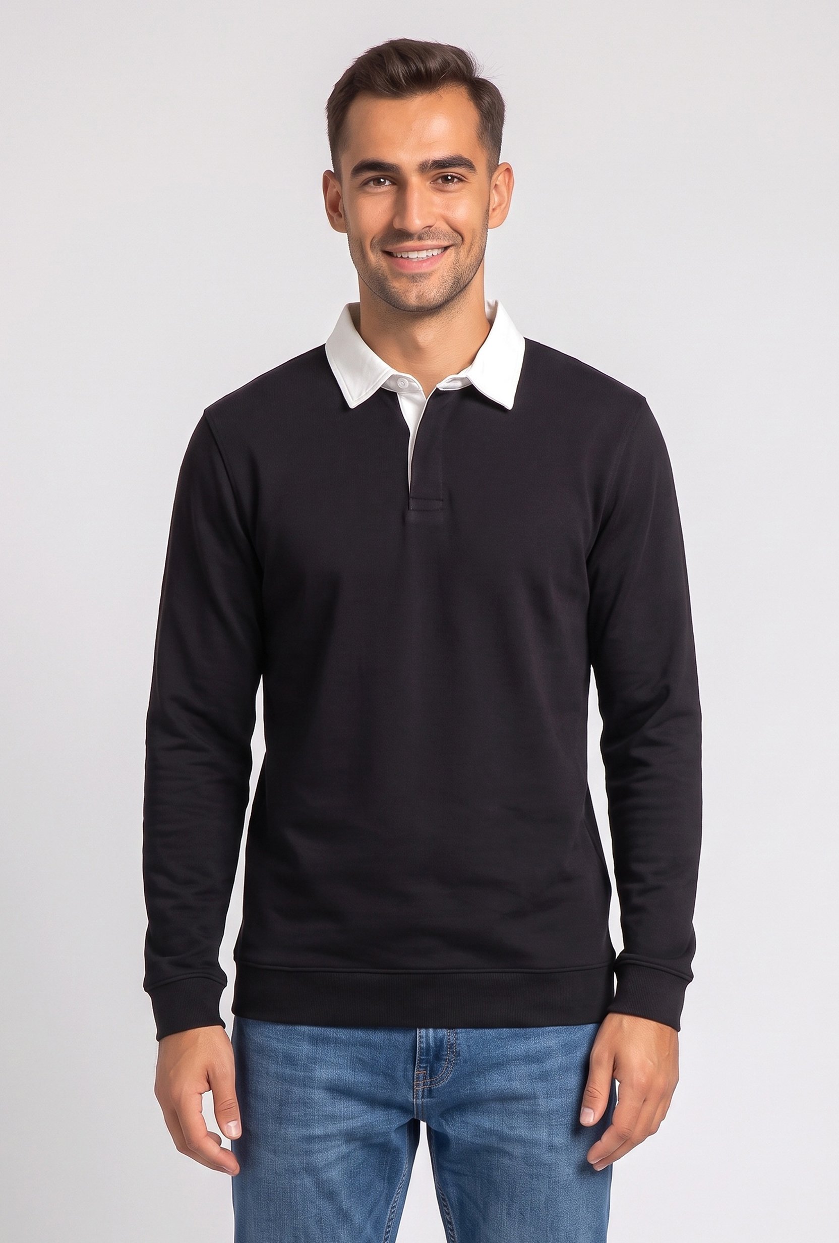 Men Regular Fit Long Sleeve Plain Polo Shirt, Black