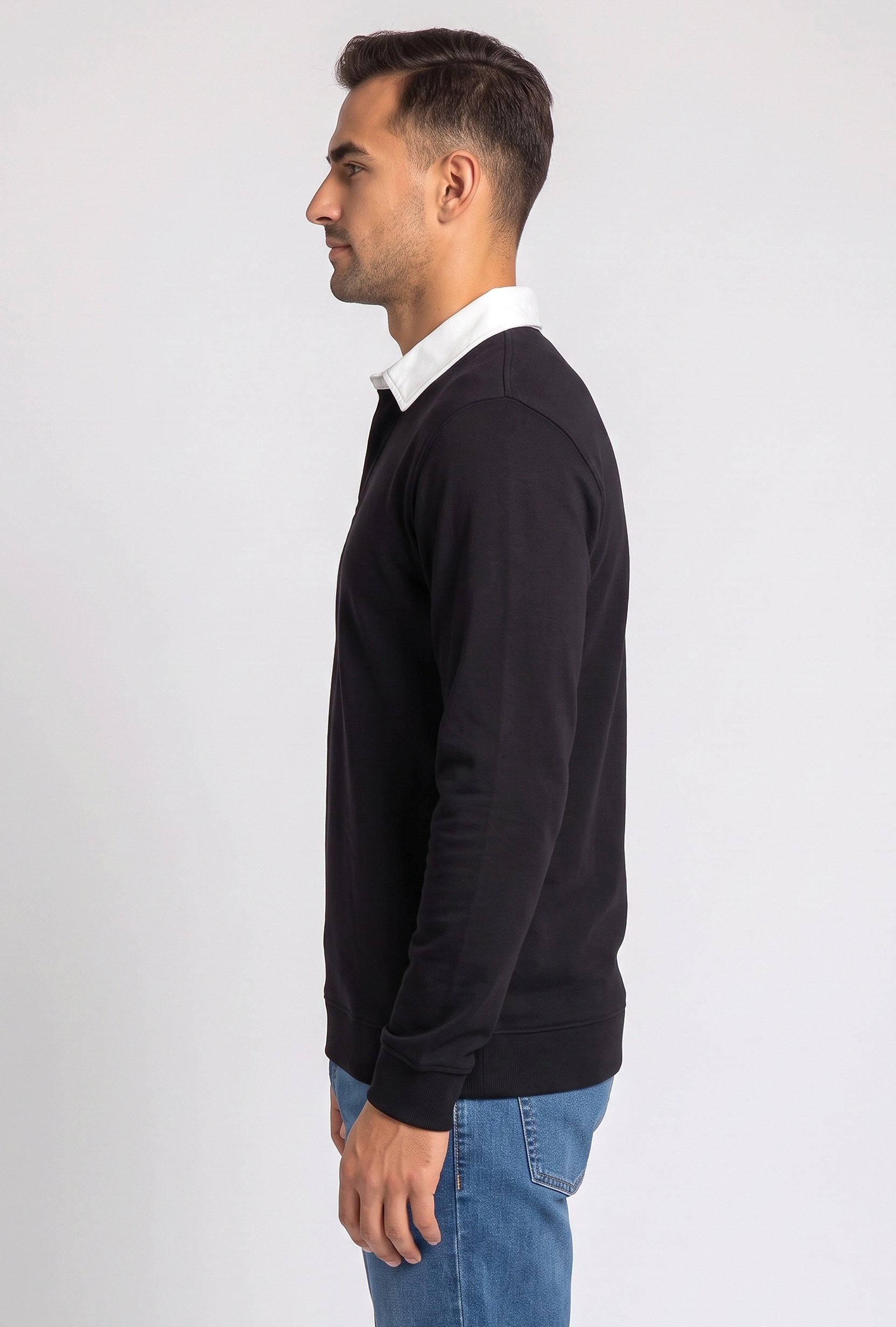 Men Regular Fit Long Sleeve Plain Polo Shirt, Black