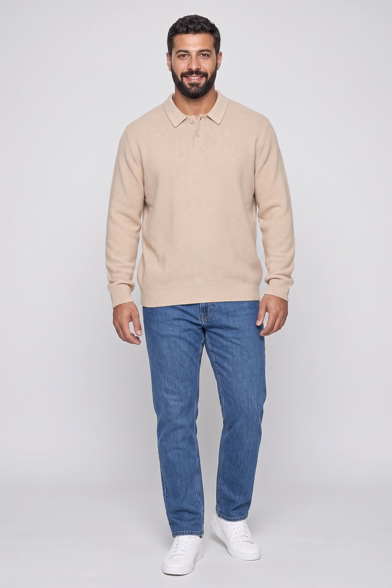 Men Spread Collar Long Sleeve Knitted Sweater, Beige