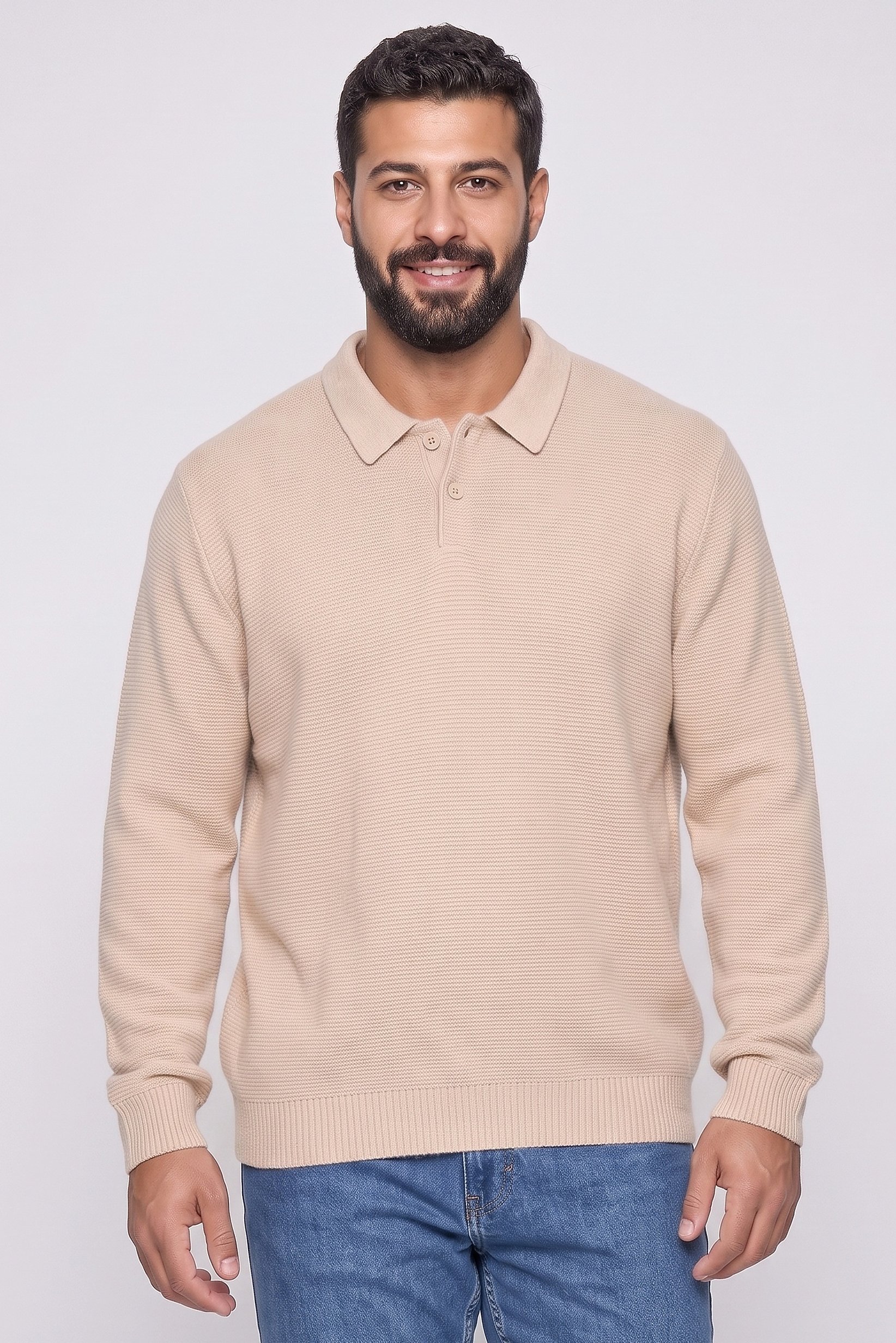 Men Spread Collar Long Sleeve Knitted Sweater, Beige
