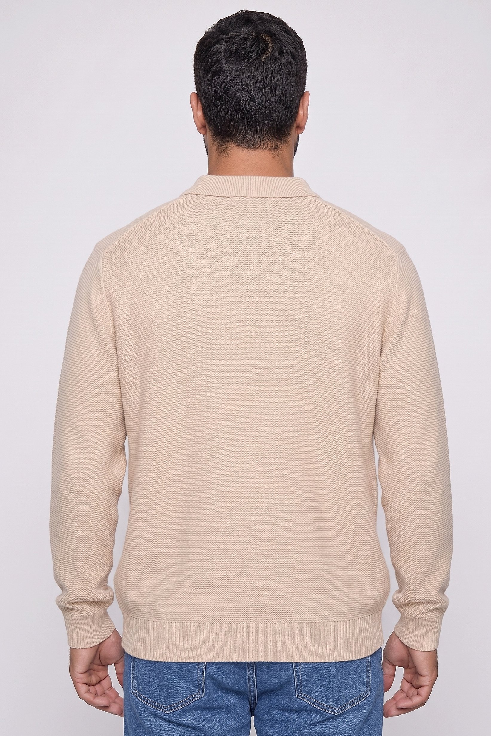 Men Spread Collar Long Sleeve Knitted Sweater, Beige