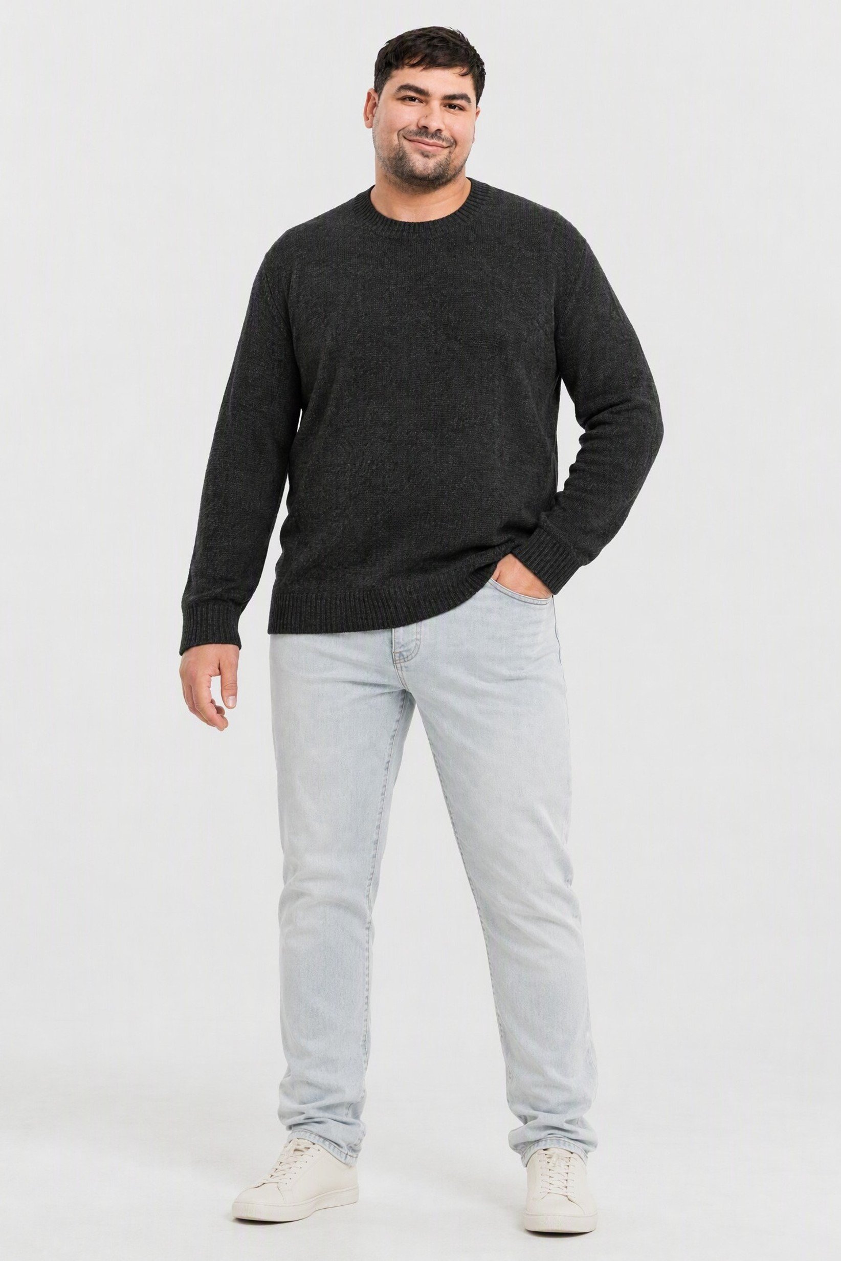Men Ribbed Collar Long Sleeve Knitted Sweater, Dark Grey