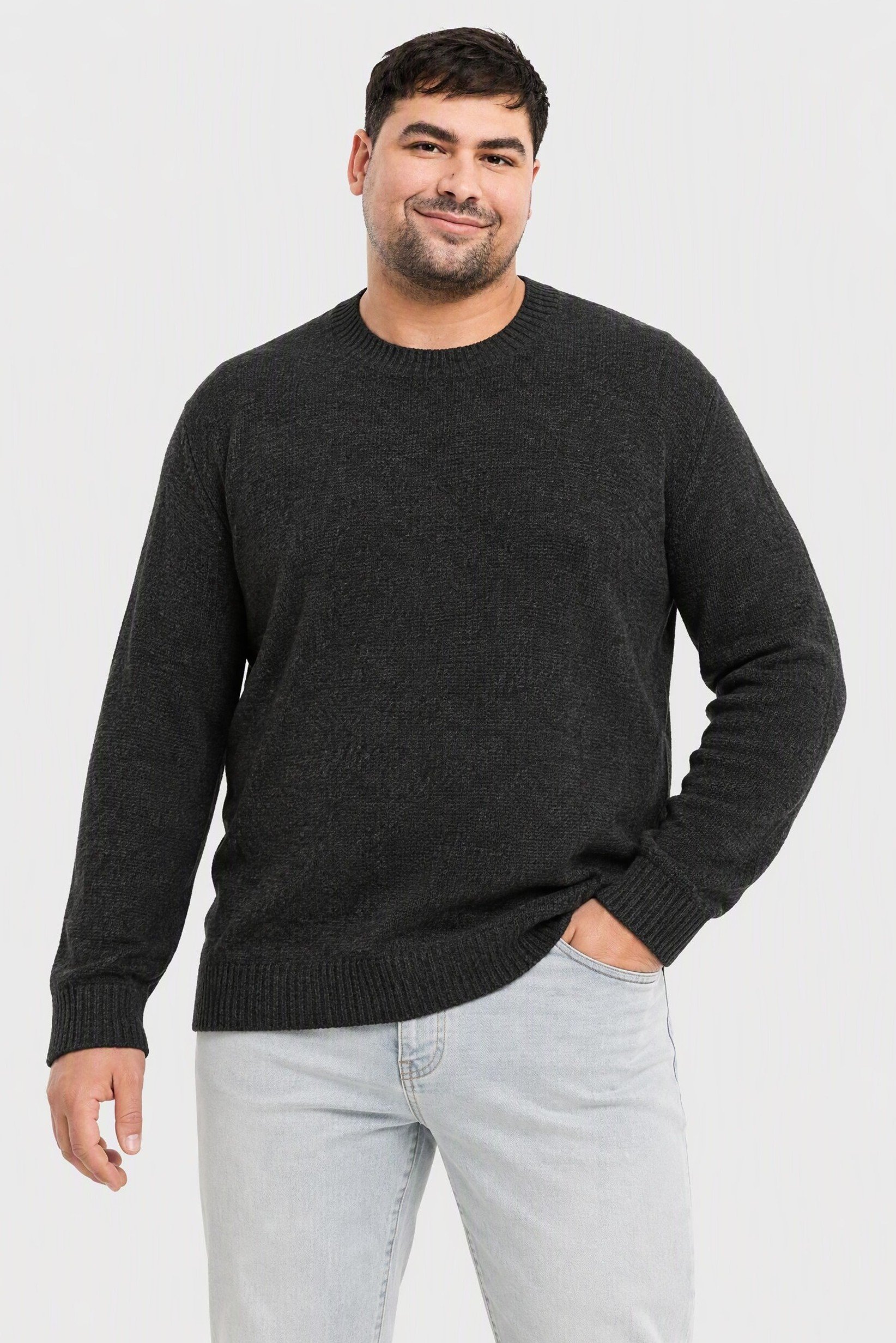 Men Ribbed Collar Long Sleeve Knitted Sweater, Dark Grey