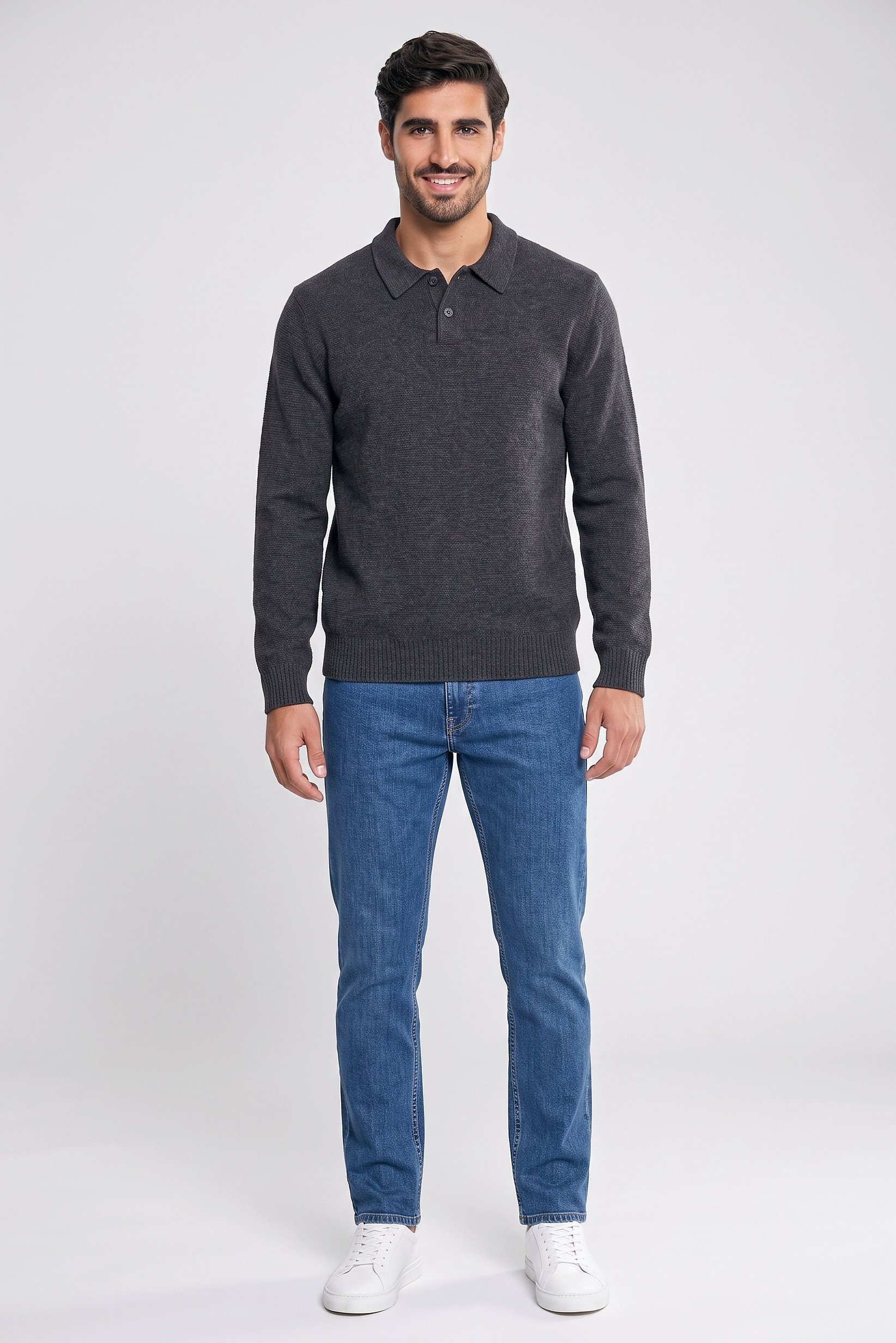 Men Spread Neck Knitted Sweater, Dark Grey