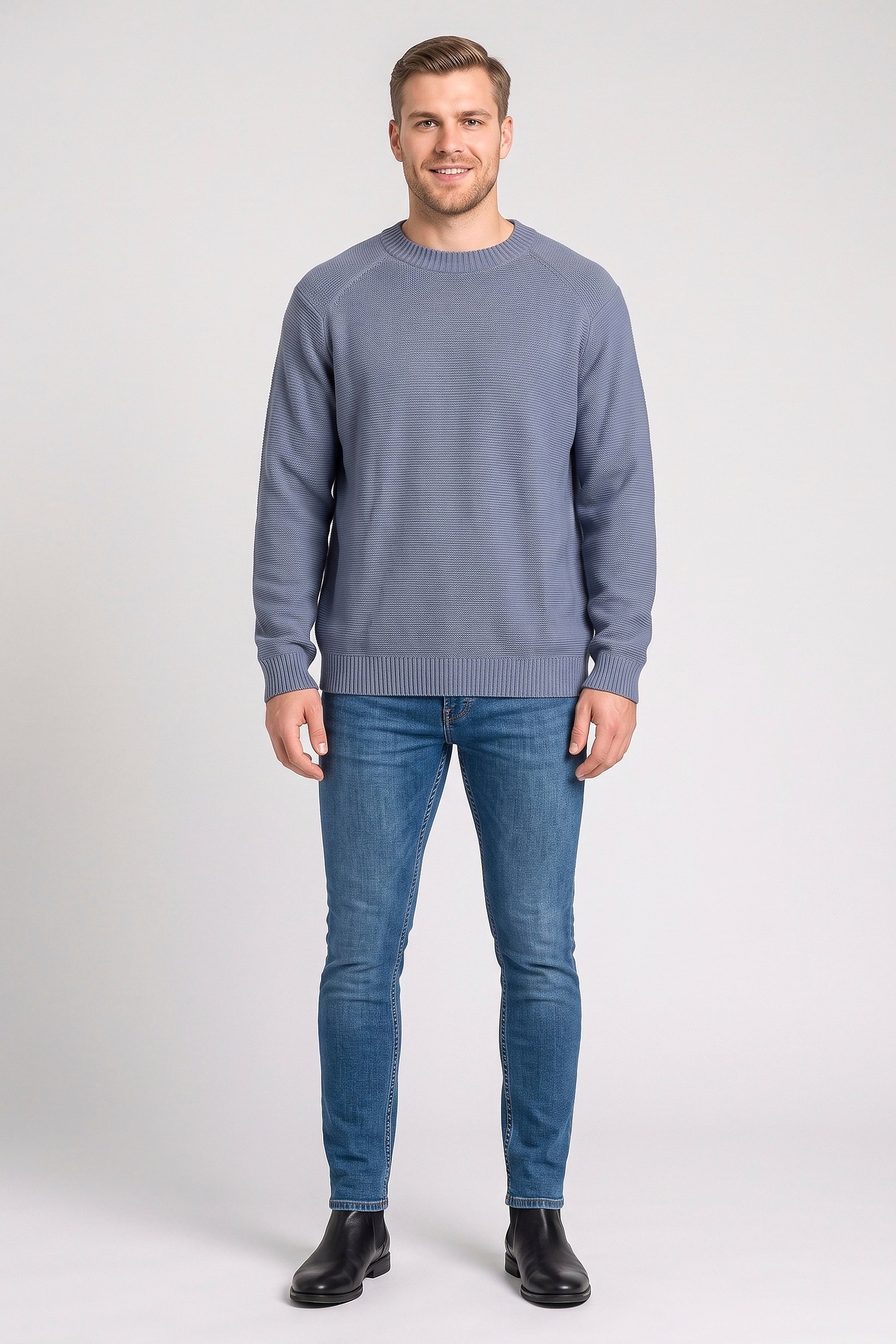 Men Ribbed Collar Long Sleeve Knitted Sweater, Slate Blue