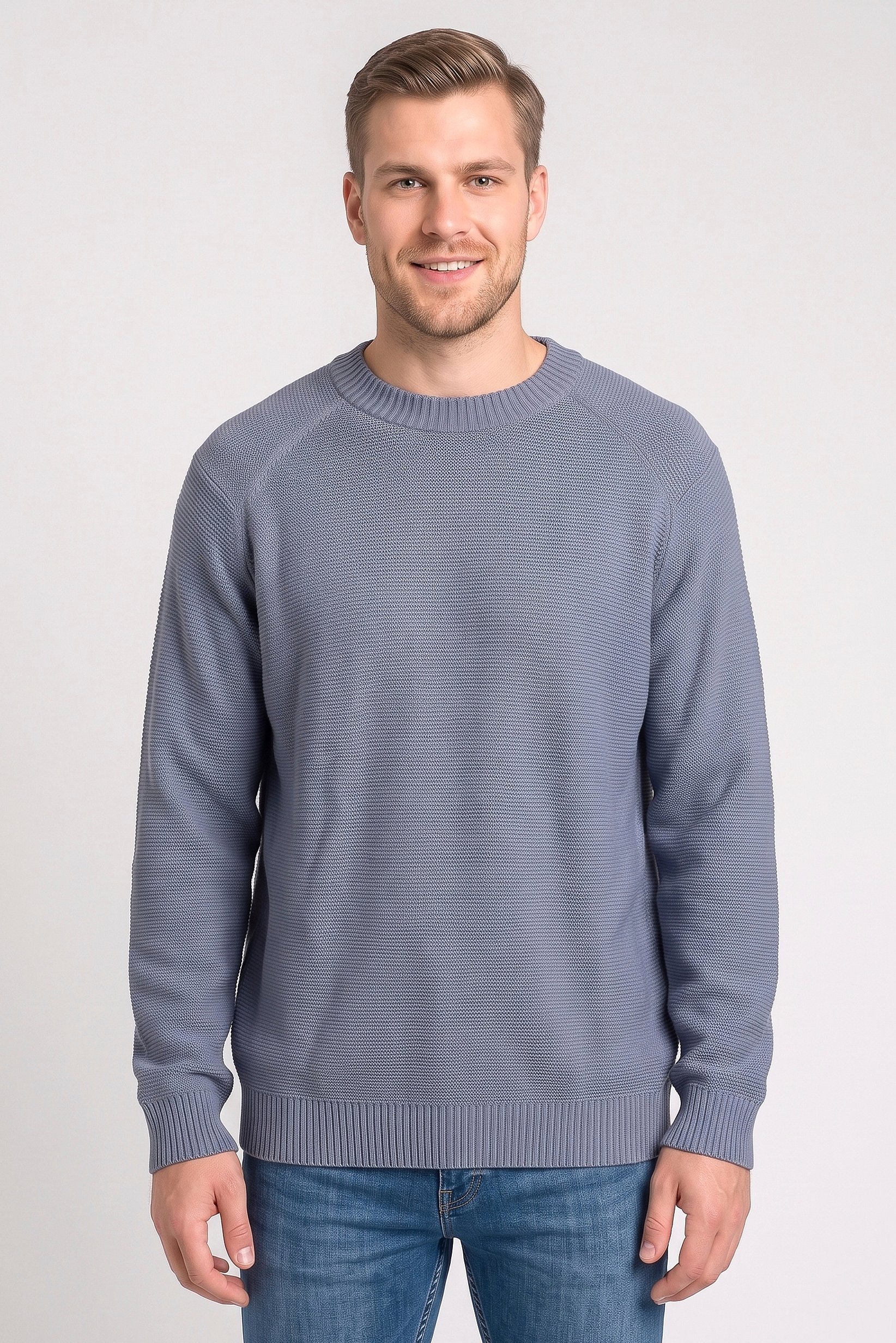 Men Ribbed Collar Long Sleeve Knitted Sweater, Slate Blue