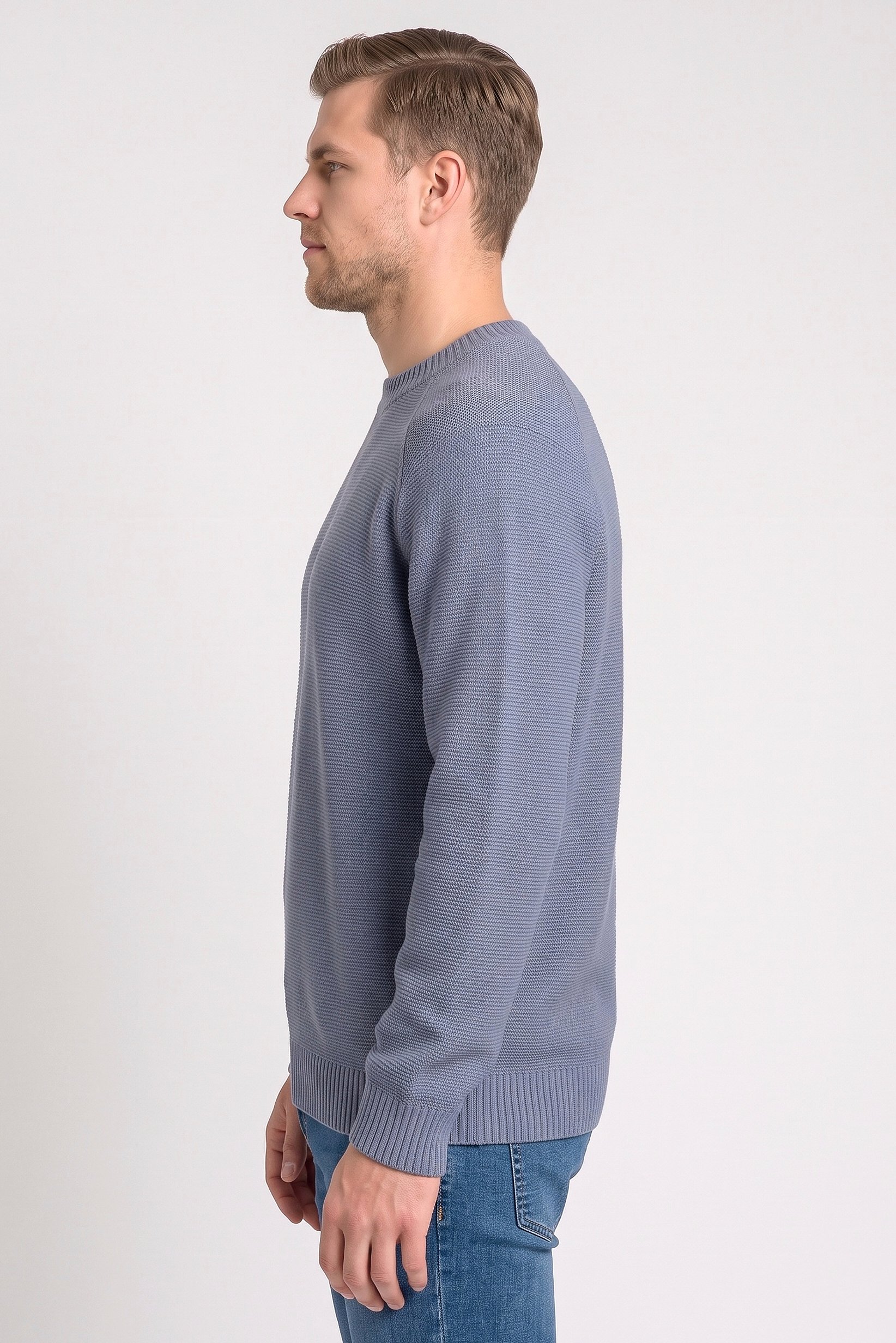 Men Ribbed Collar Long Sleeve Knitted Sweater, Slate Blue