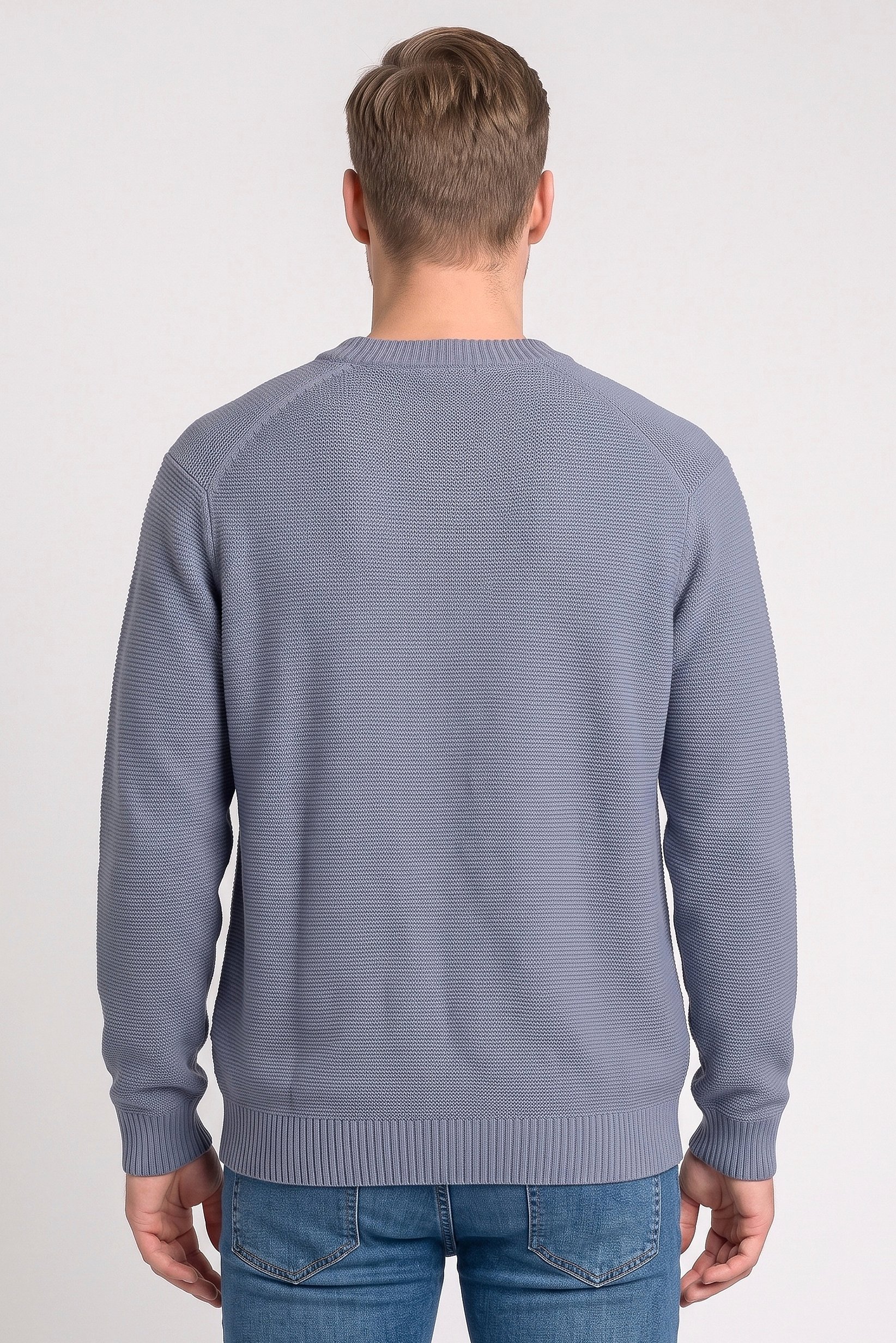Men Ribbed Collar Long Sleeve Knitted Sweater, Slate Blue
