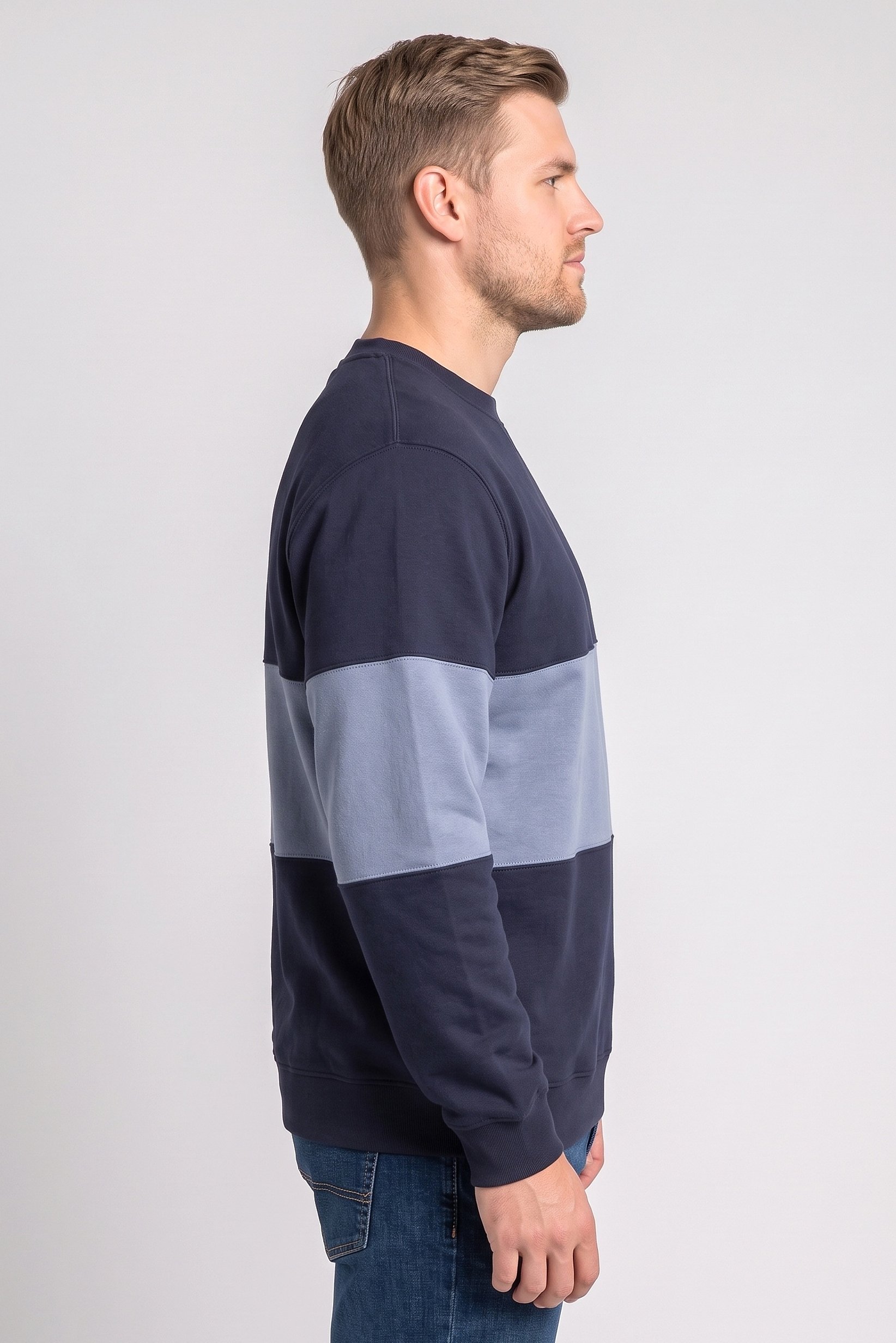 Men Crew Neck  Solid Long Sleeve Sweatshirt, Navy Blue