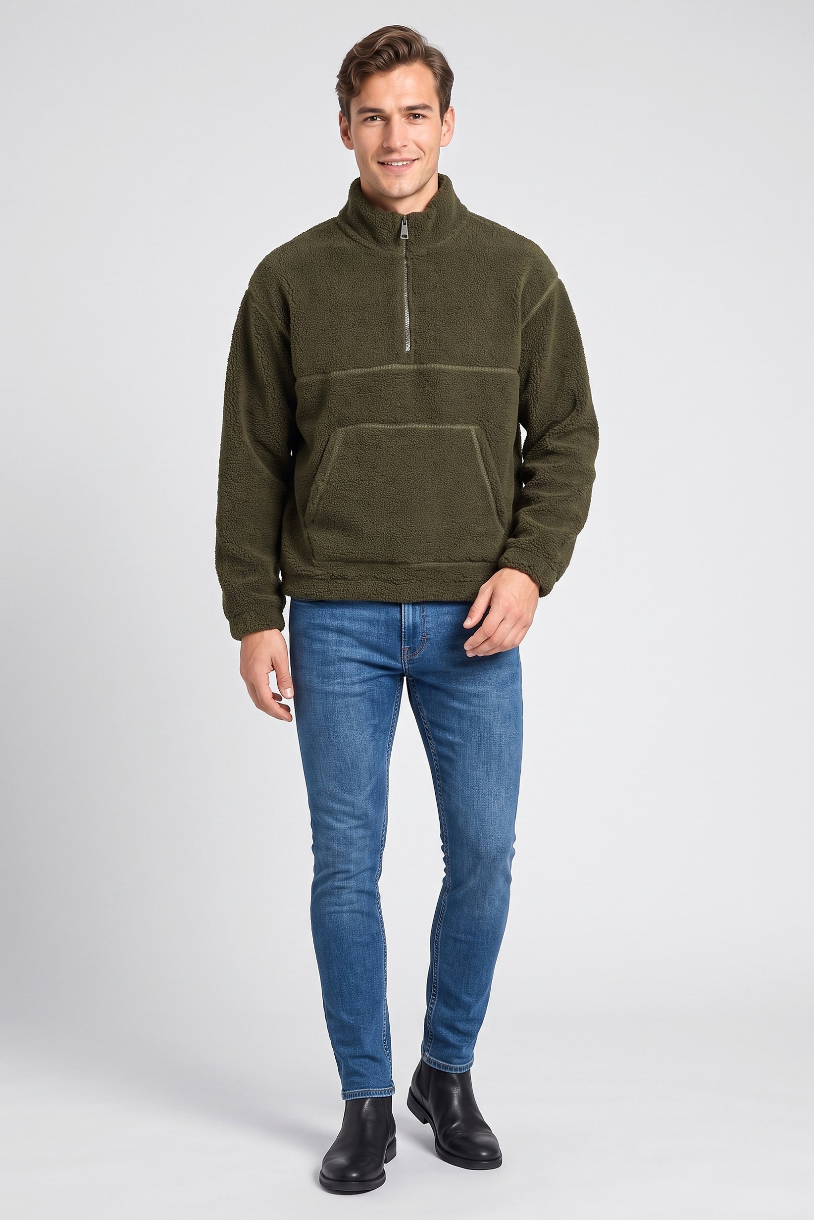 Men Mock Neck Textured Half Zip Sweatshirt, Deep Khaki