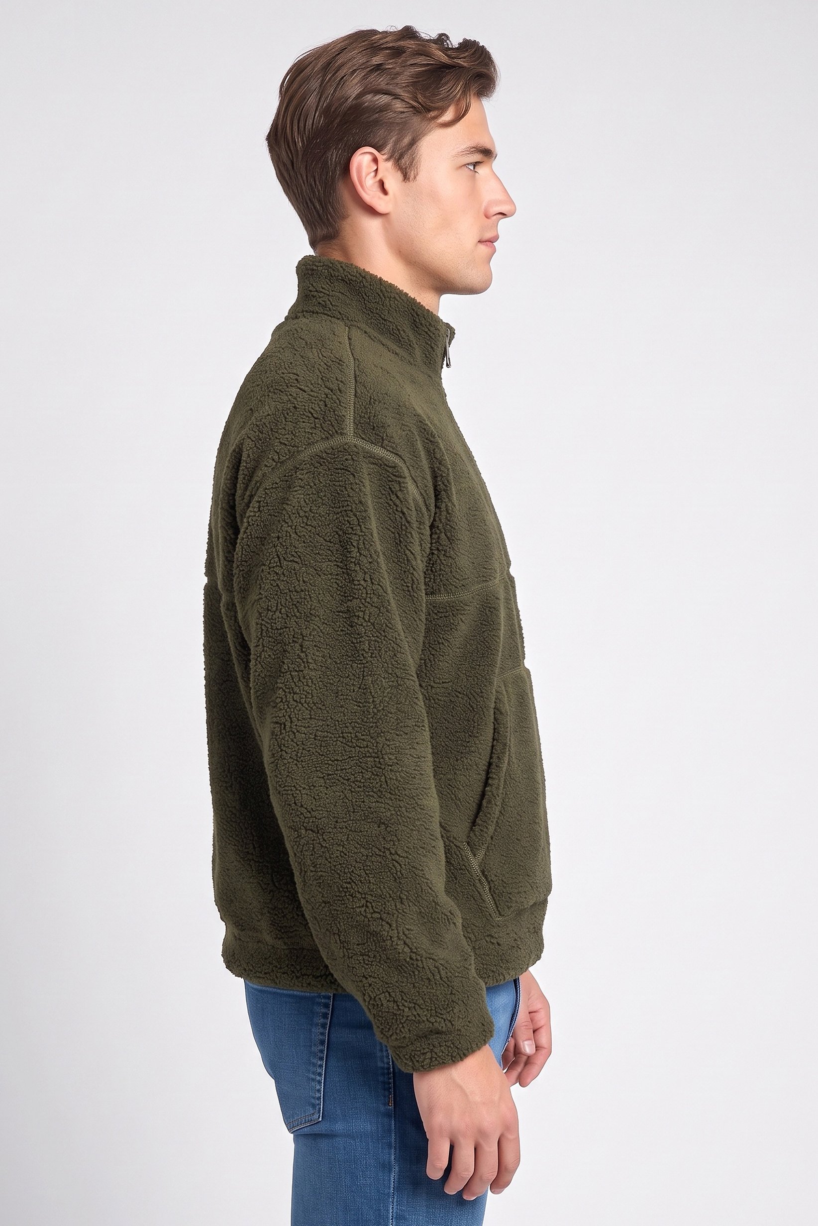 Men Mock Neck Textured Half Zip Sweatshirt, Deep Khaki
