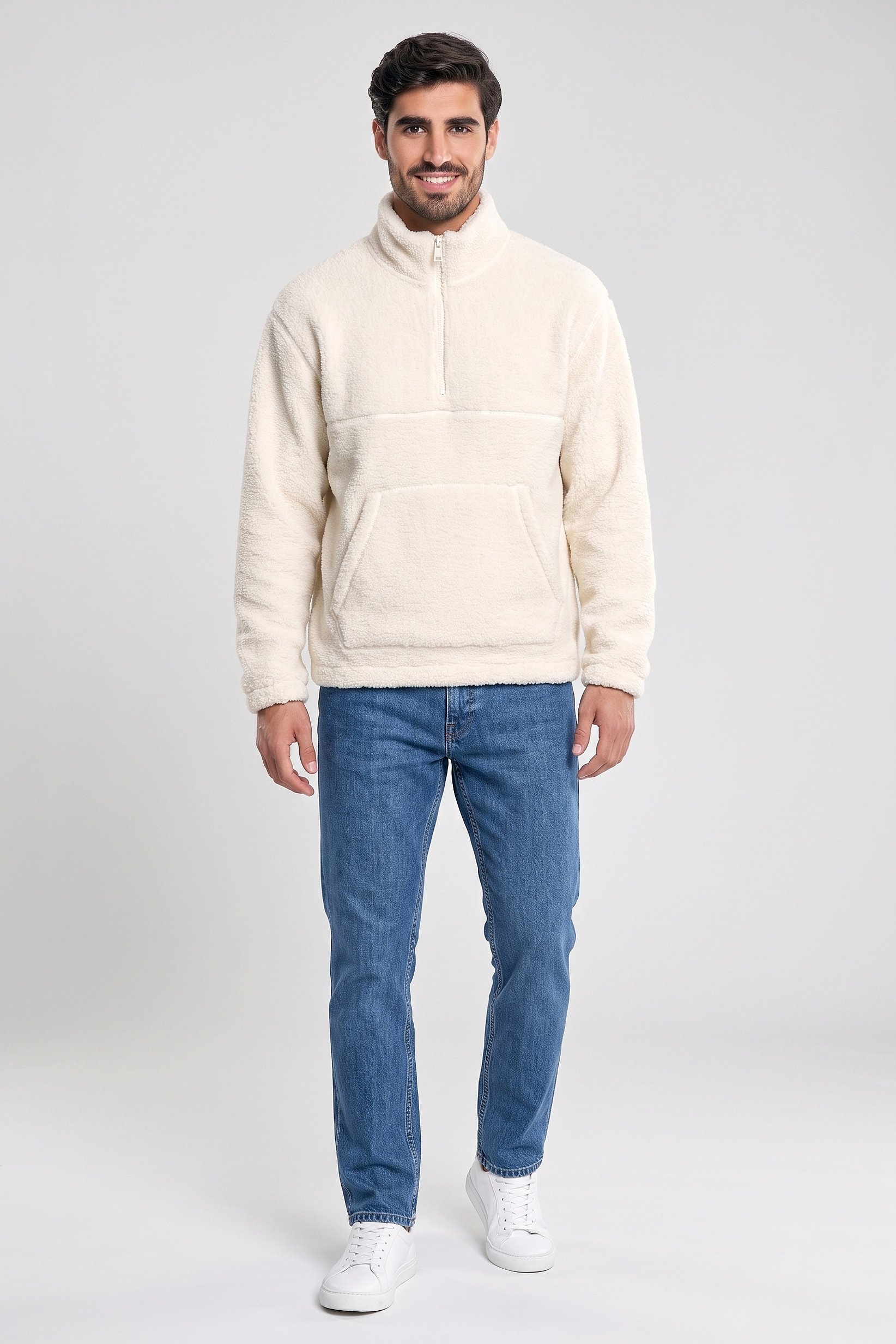 Men High Neck Textured Half Zip Sweatshirt, Cream
