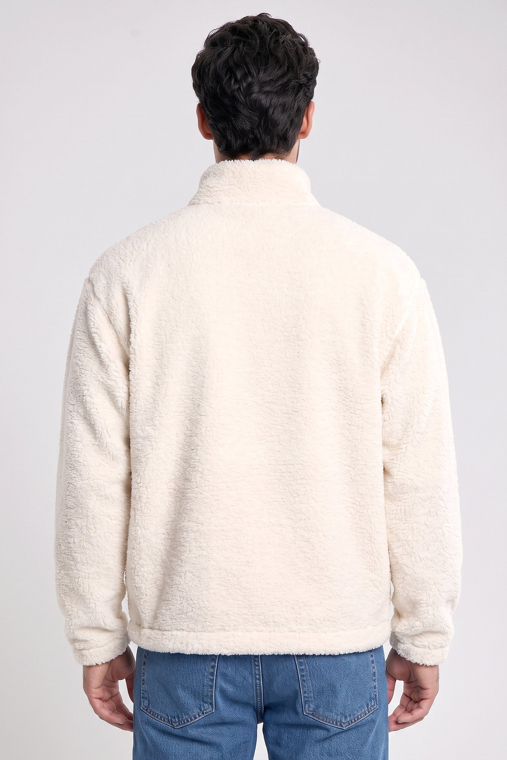 Men High Neck Textured Half Zip Sweatshirt, Cream