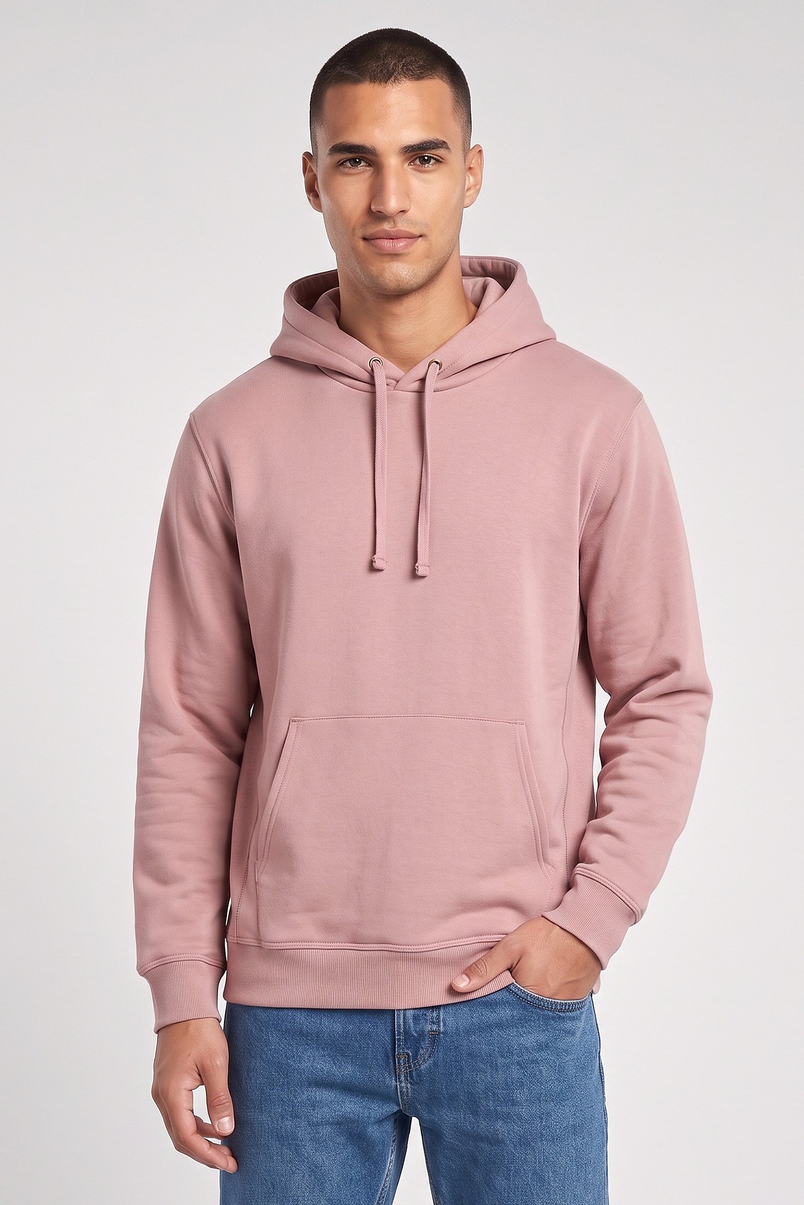 Men Solid Long Sleeve Hoodie, Dusty Pink