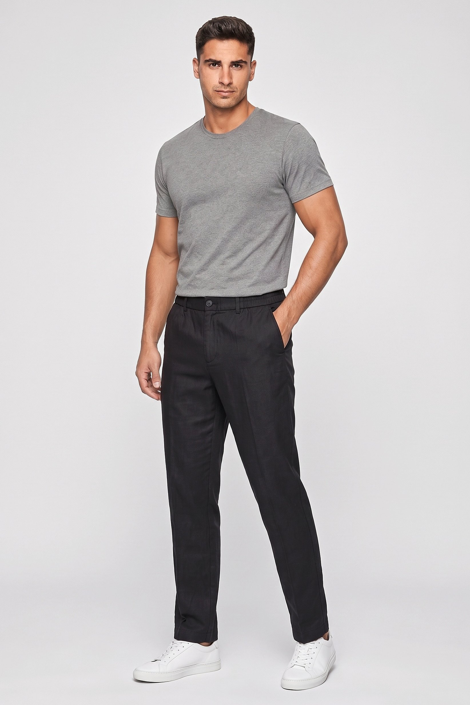 Men Regular Fit Solid Straight Leg Pants, Black