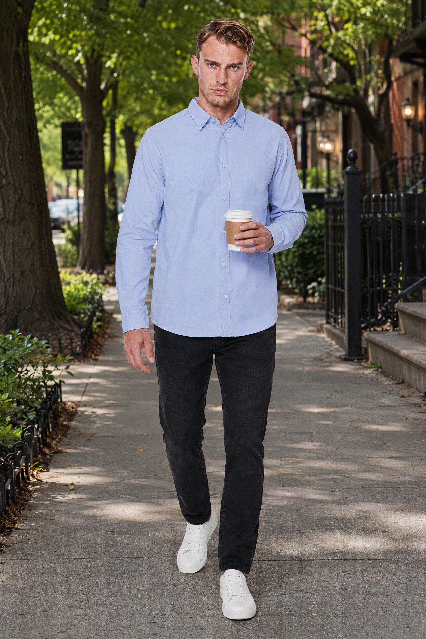 Men Oversized Fit Long Sleeve Solid Casual Shirt, Light Blue