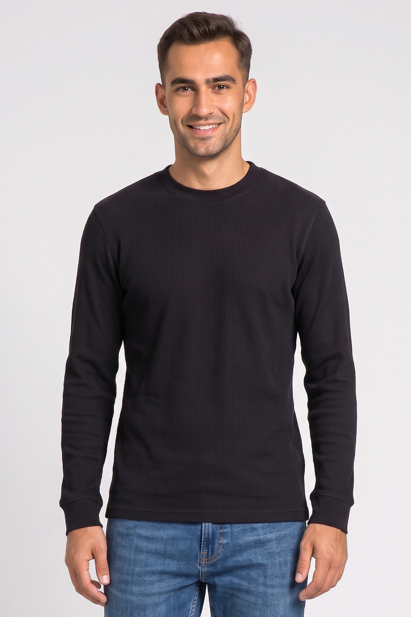 Men Crew Neck Long Sleeve Textured Sweatshirt, Black