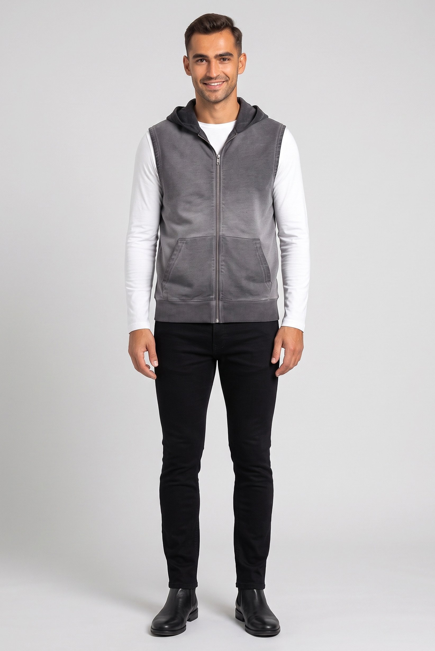 Men Washed Sleeveless Hoodie, Grey