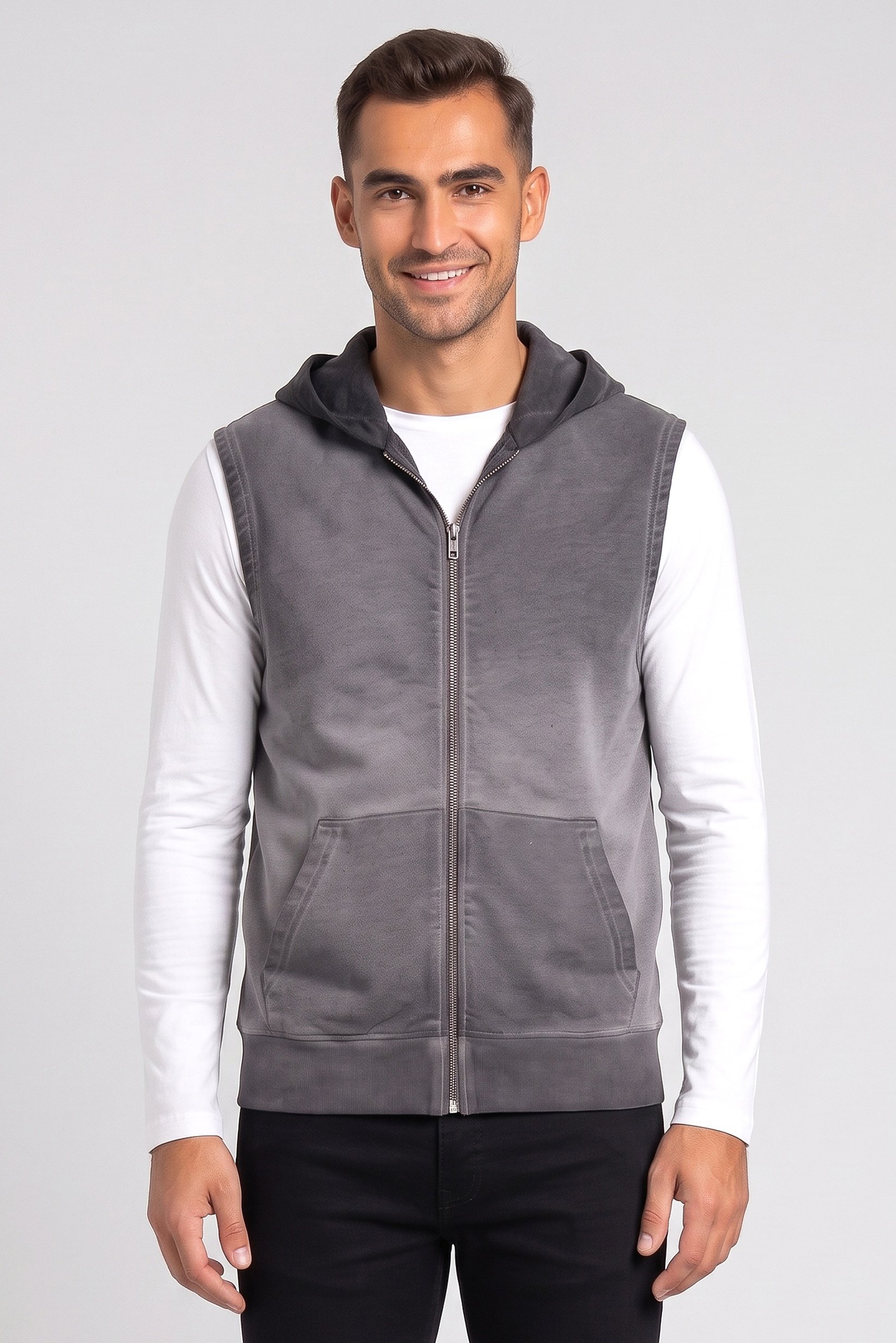 Men Washed Sleeveless Hoodie, Grey