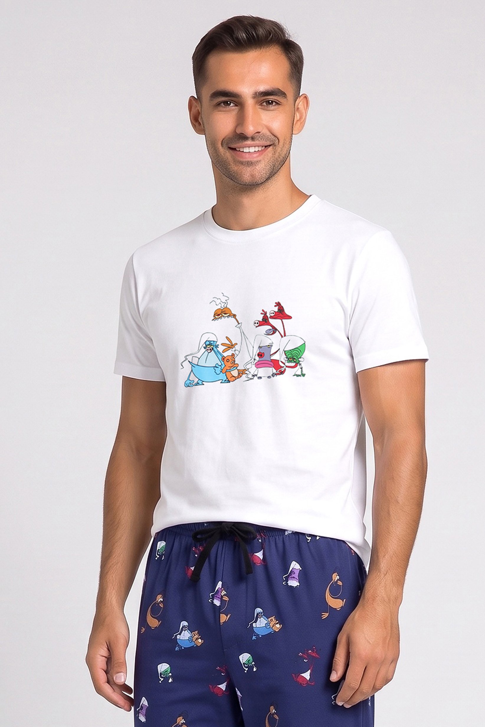 Men 2 Pcs Graphic Print T-Shirt And Pants Pyjama Set, Multicolor