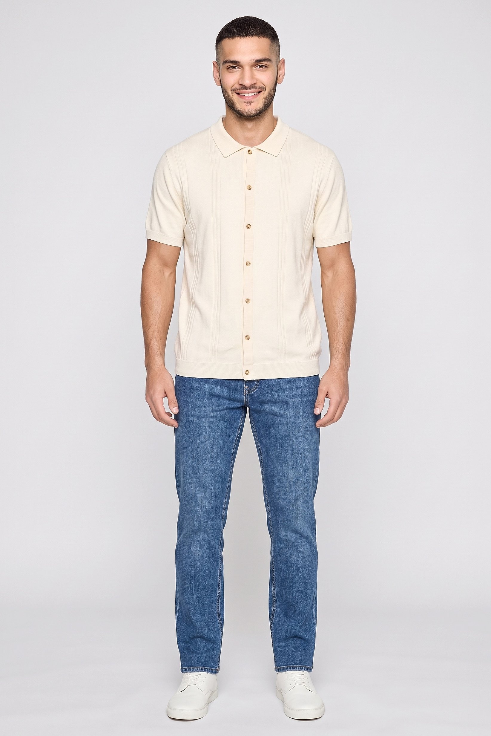Men Regular Fit Short Sleeve Textured Casual Shirt, Cream