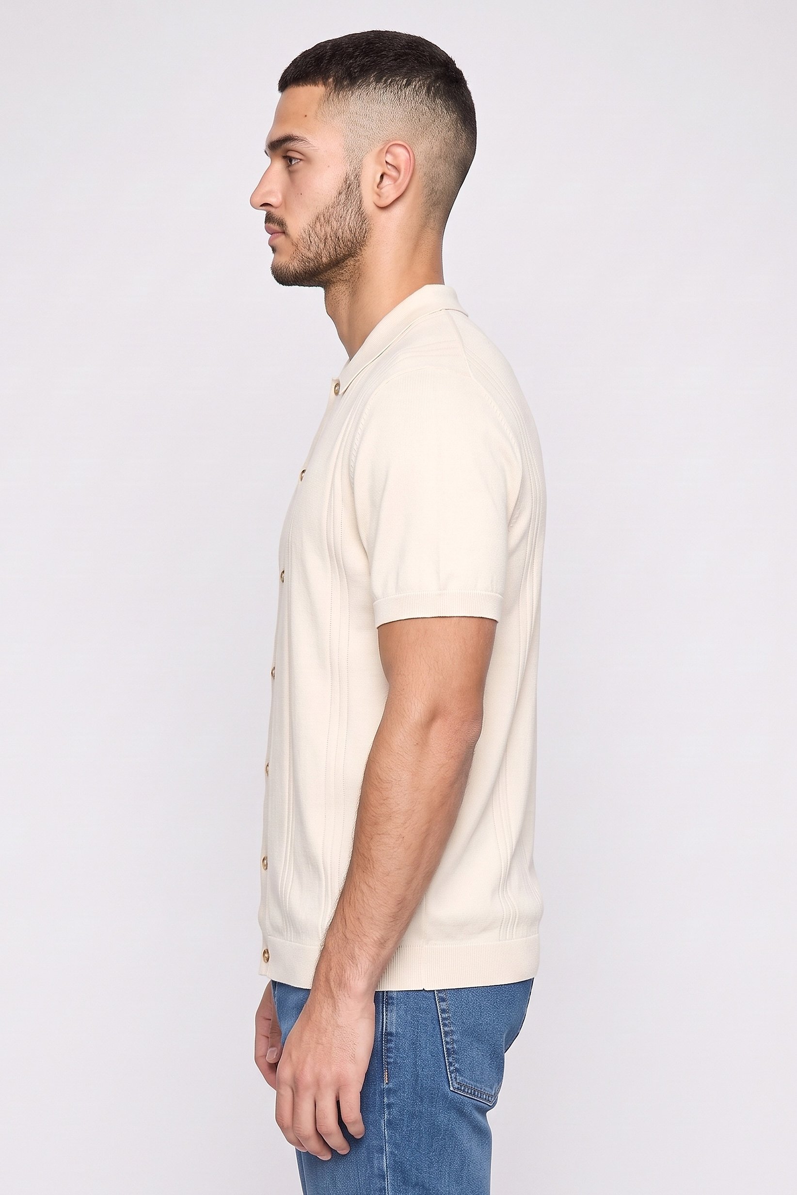 Men Regular Fit Short Sleeve Textured Casual Shirt, Cream