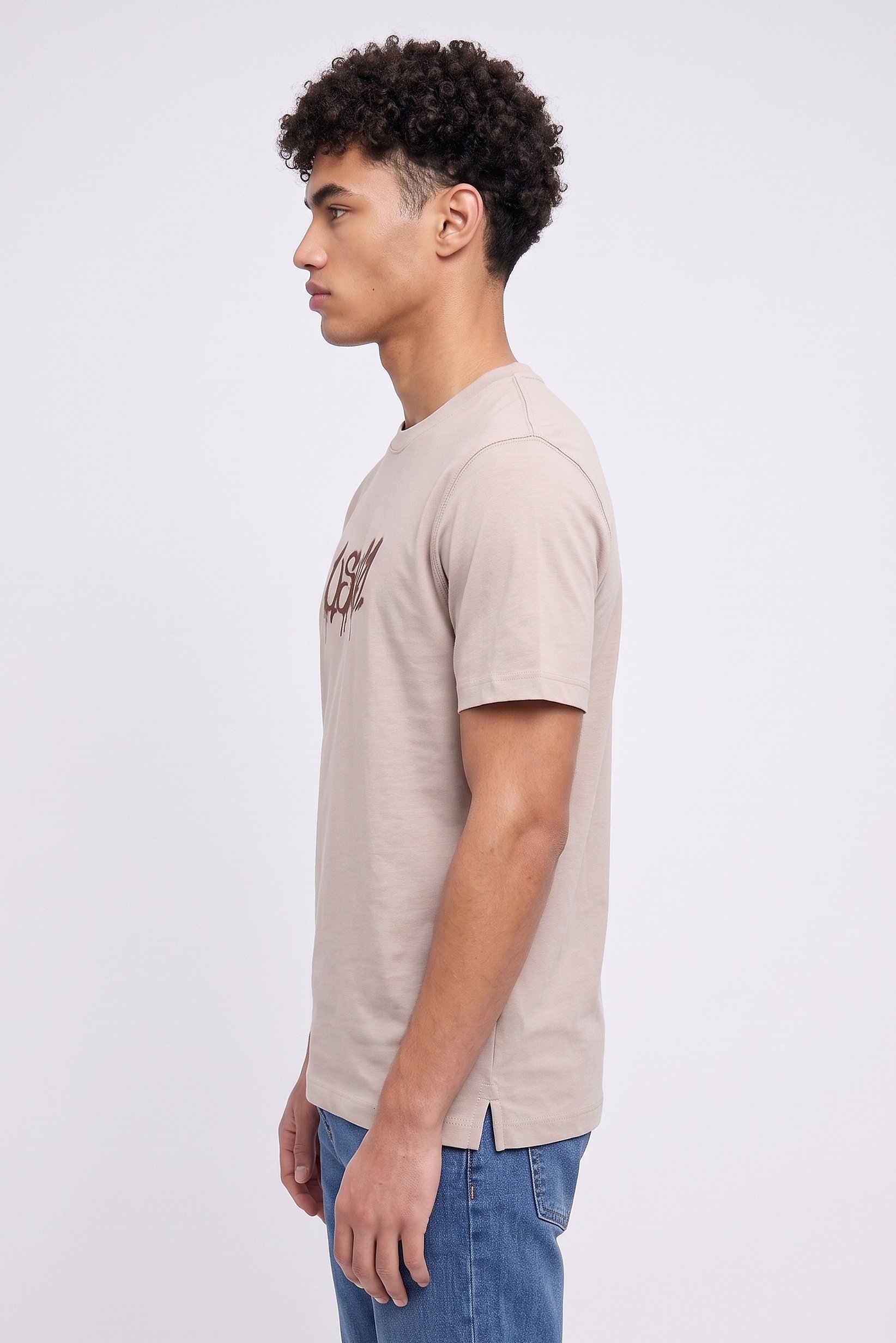 Men One Piece Crew Neck Short Sleeves Brand Logo T-Shirt, Light Brown