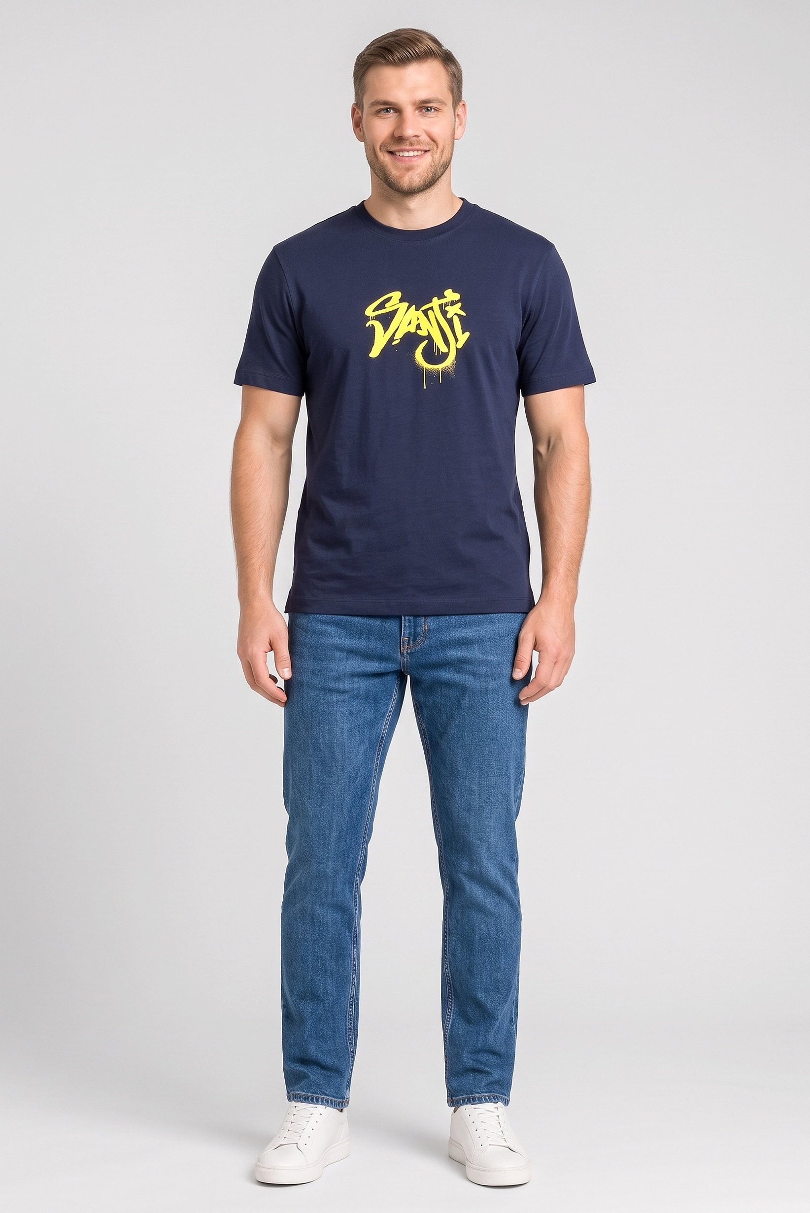 Men Crew Neck Short Sleeves Brand Logo T-Shirt, Navy