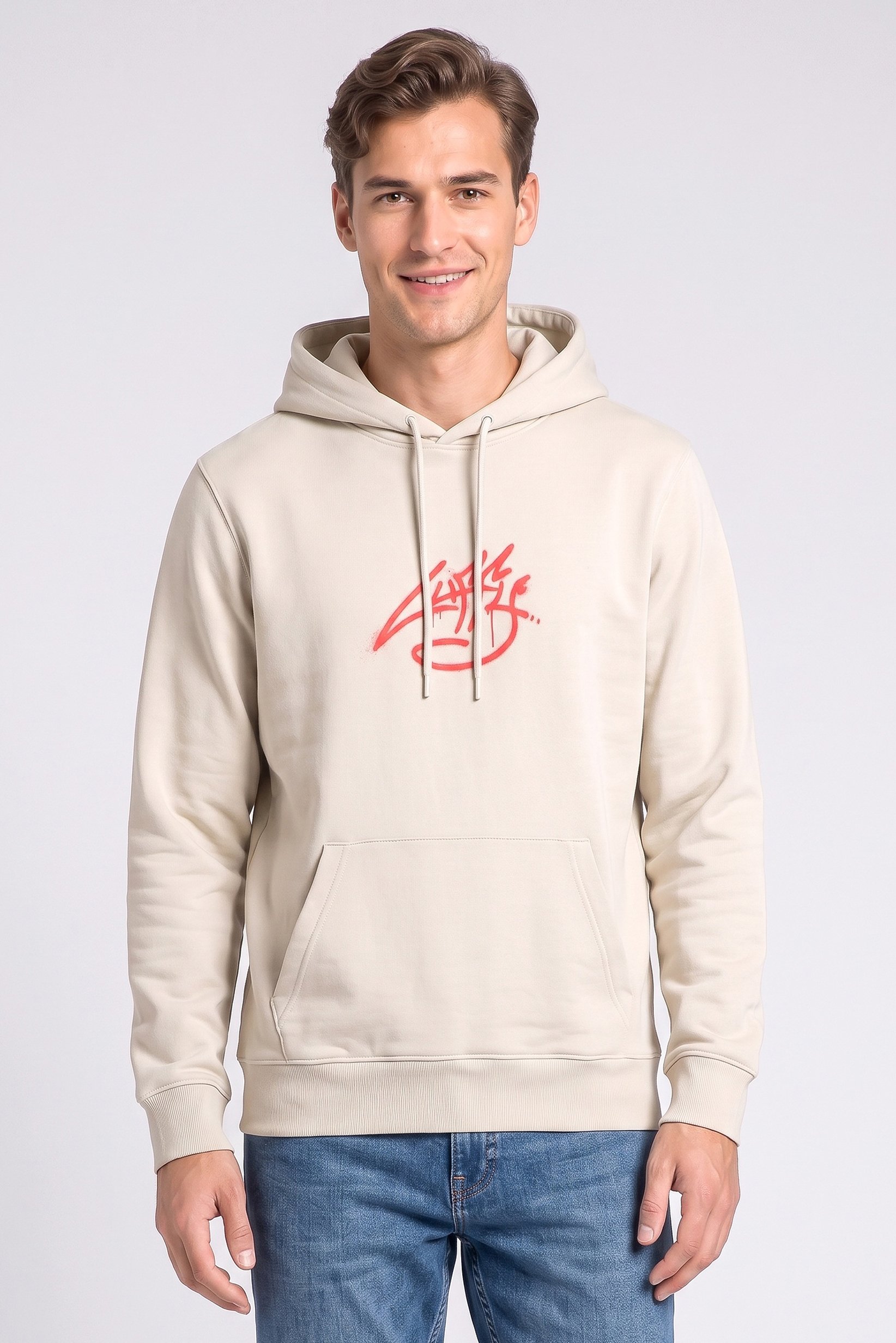 Men Graphic Print Long Sleeve Hoodie, Light Beige