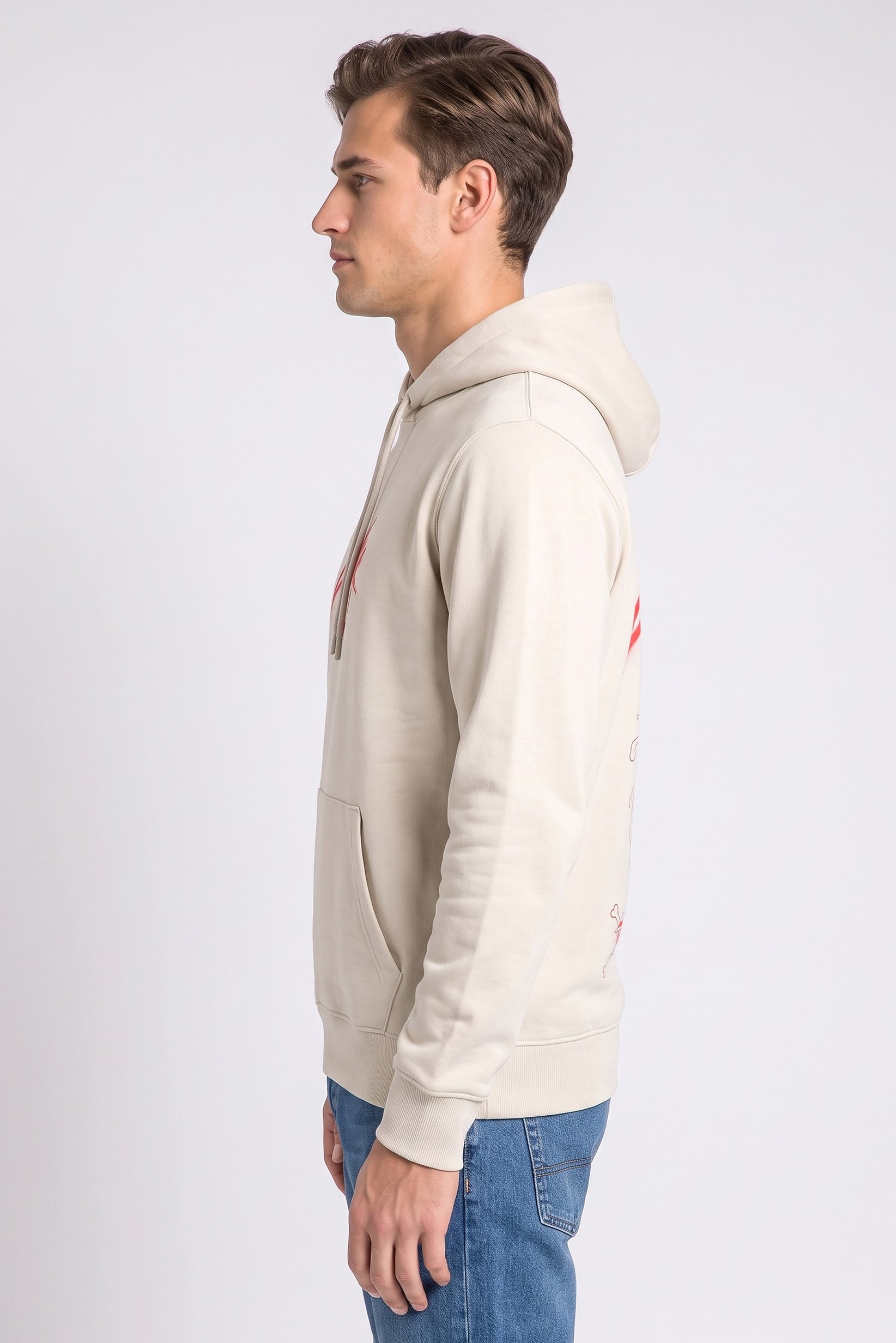 Men Graphic Print Long Sleeve Hoodie, Light Beige