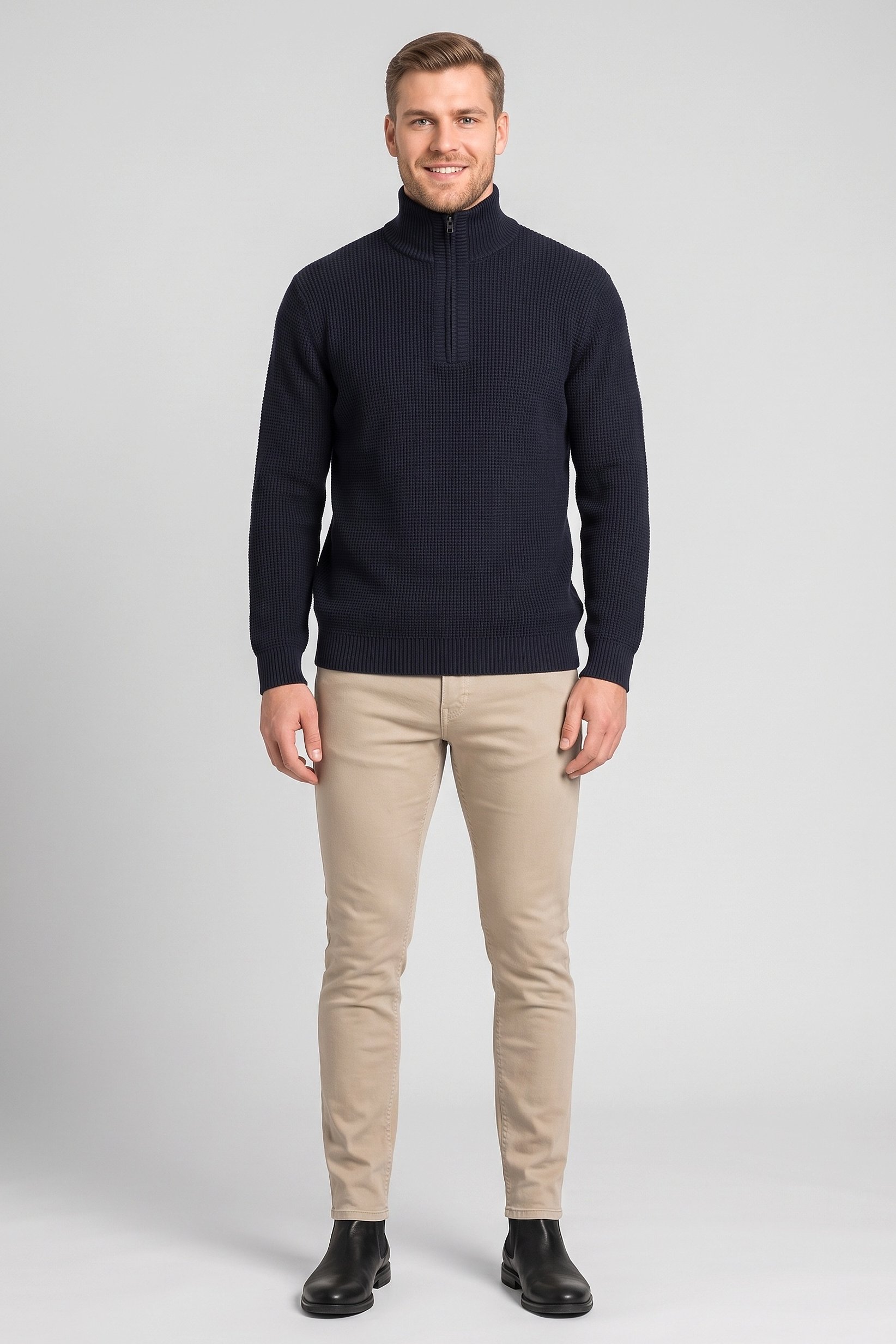 Men Turtle Neck Textured Sweater, Dark Navy